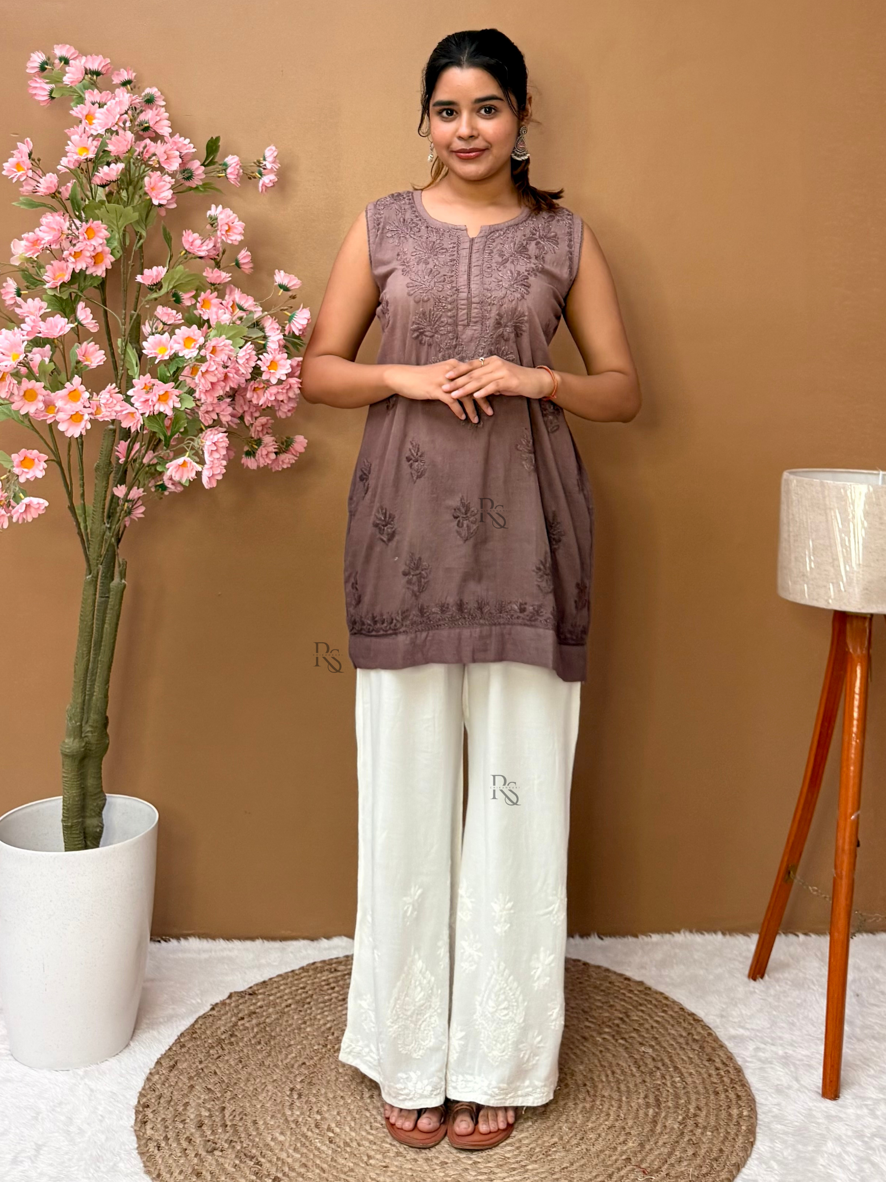 Brown Dobby Cotton Sleeveless Chikankari Short Kurta for Women