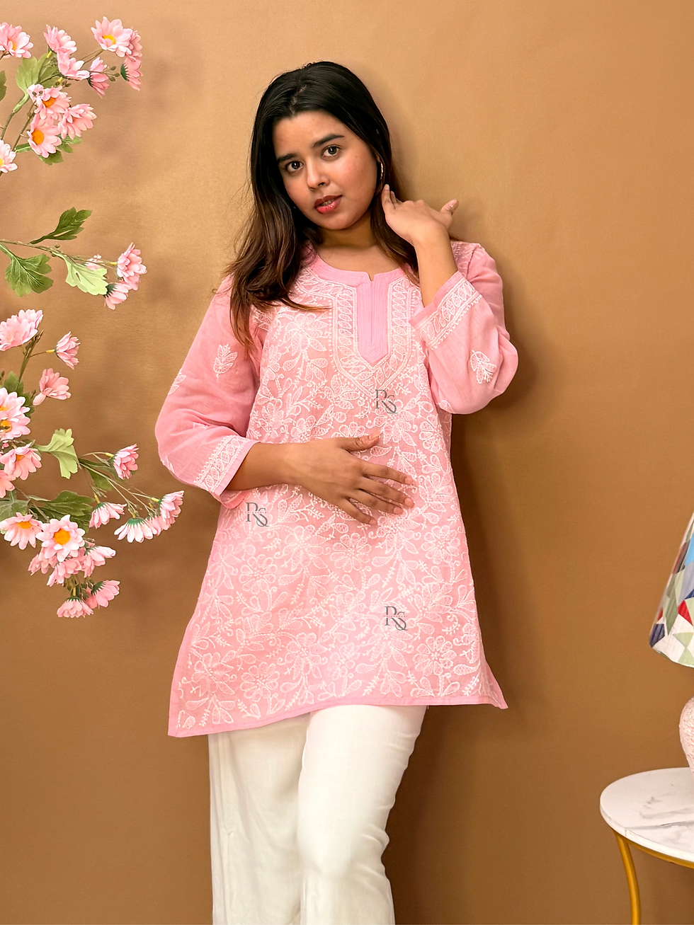 Thumbnail: Blush Pink Full Jaal Chikankari Short Kurta