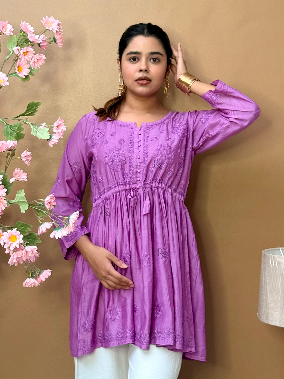 Thumbnail: Orchid Purple Chikankari Chanderi Short Kurta with Adjustable Waist Tie