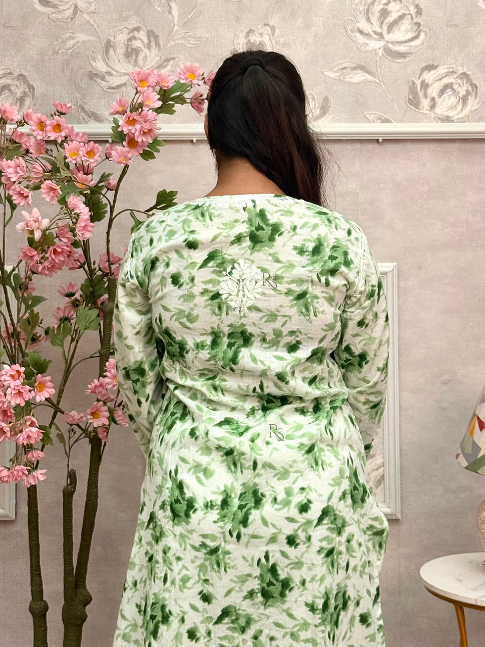 Thumbnail: Green Bloom Mulmul Chikankari Hand Embroidered Long Kurta