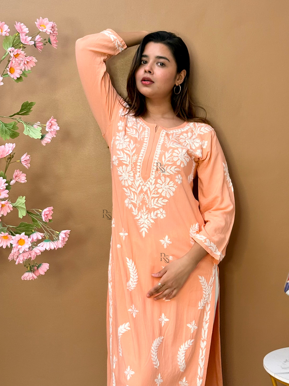 Thumbnail: Blush Peach Chikankari Long Kurta