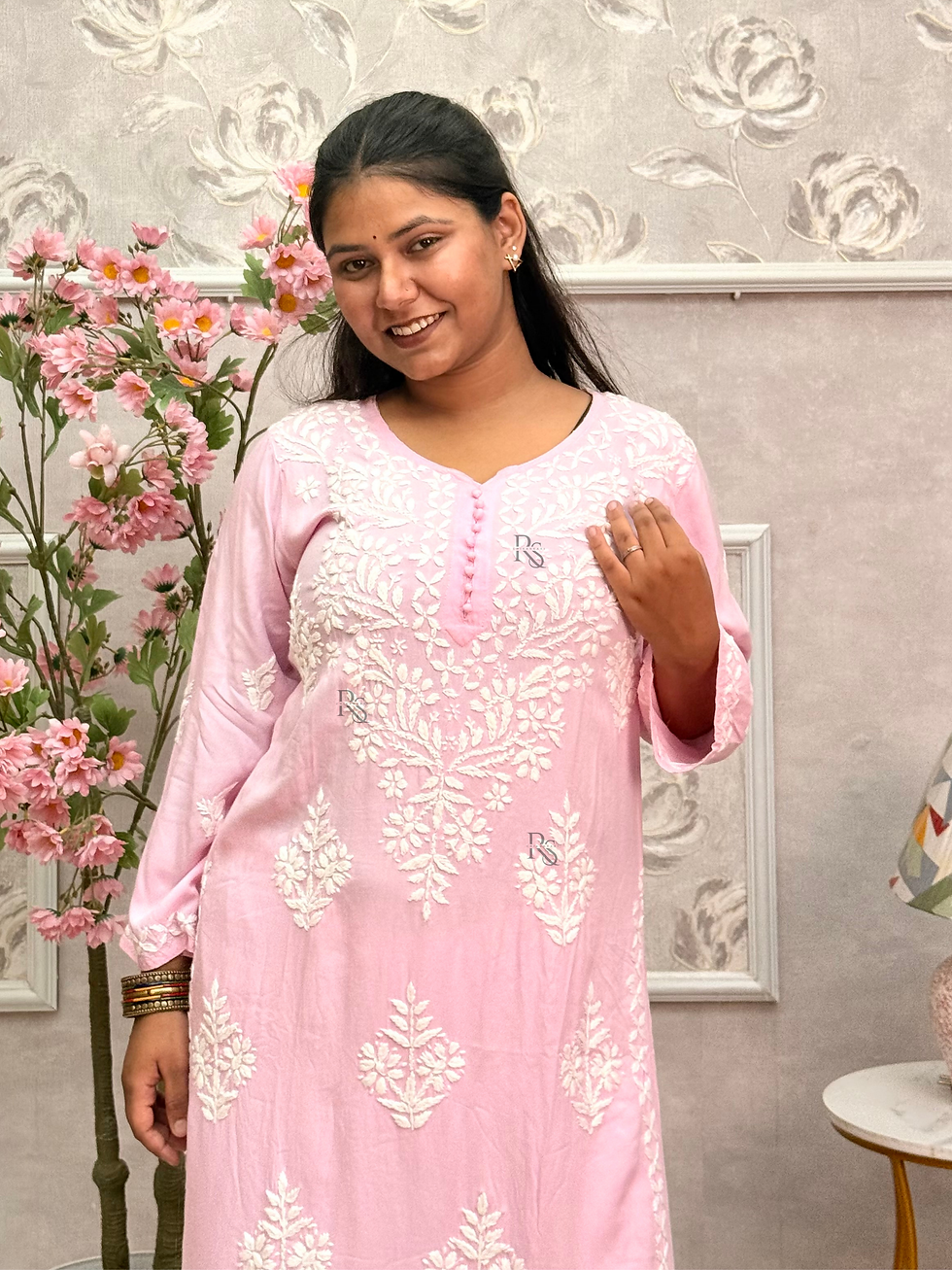 Thumbnail: Baby Pink White Thread Chikankari Long Kurta