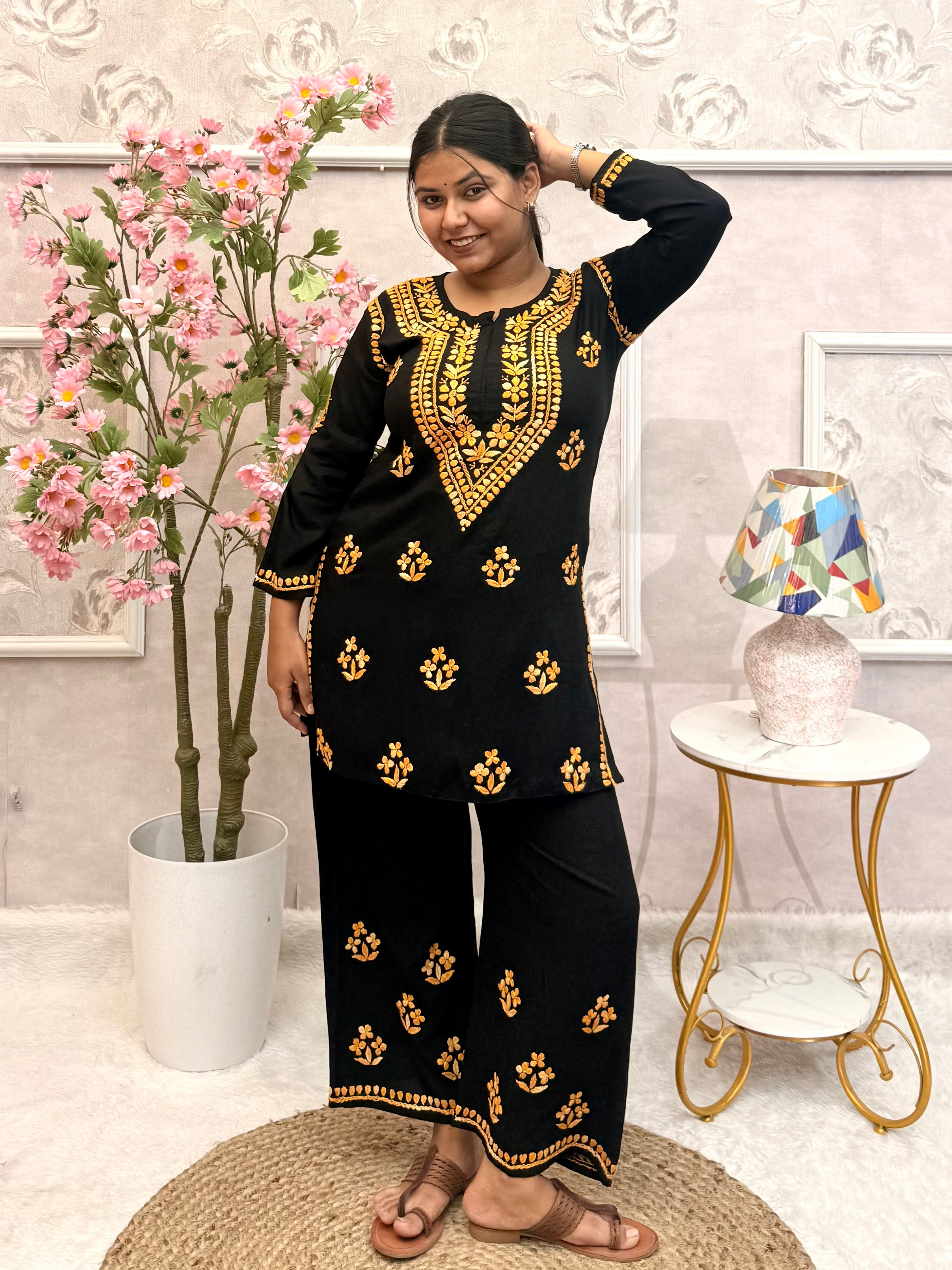 Black Chikankari Hand Embroidered Rayon Co-ord Set with Palazzo