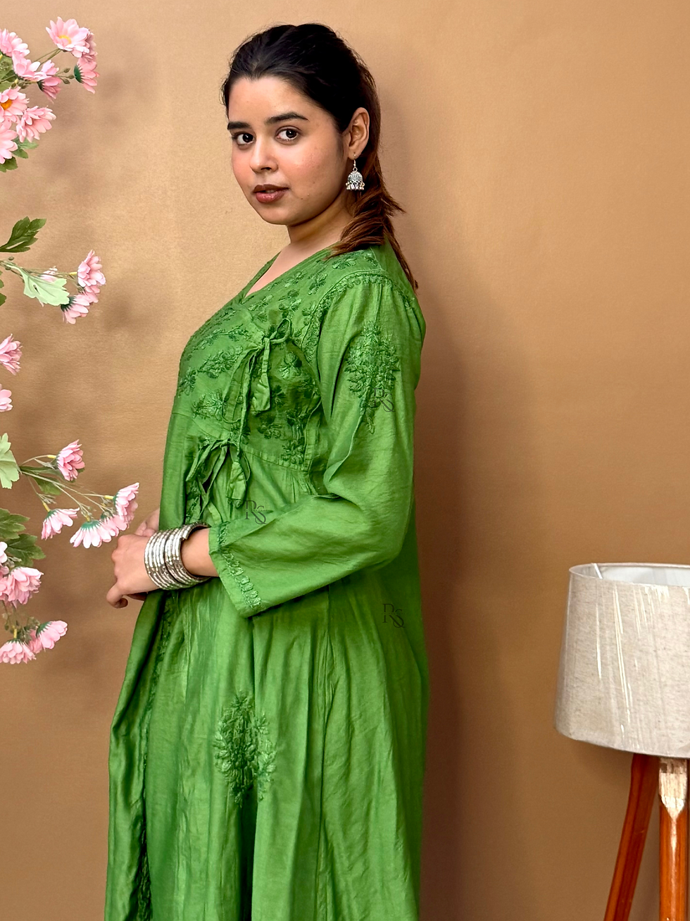 Thumbnail: Green Chanderi Hand Embroidered Chikankari Angrakha Kurta Afghani Pant Set