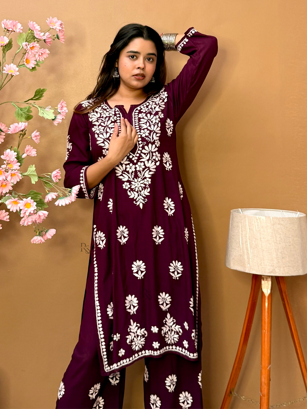 Thumbnail: Wine Rayon Hand Embroidered Chikankari Kurta Palazzo Set for Women