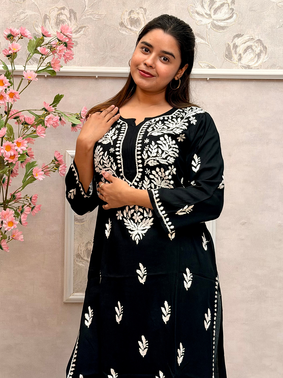 Thumbnail: Black Rayon Chikankari Long Kurta