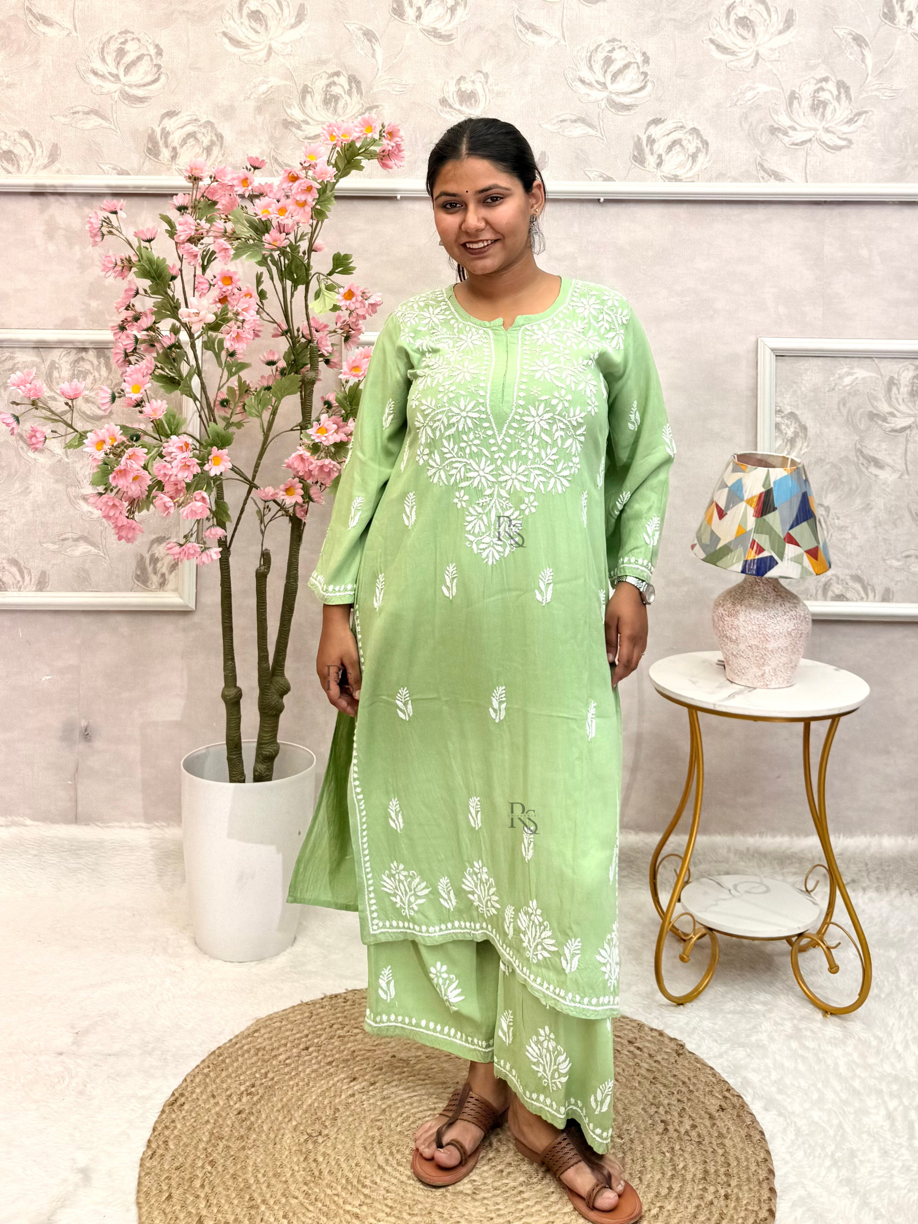 Pastel Green Chikankari Hand Embroidered Rayon Kurta Palazzo Set