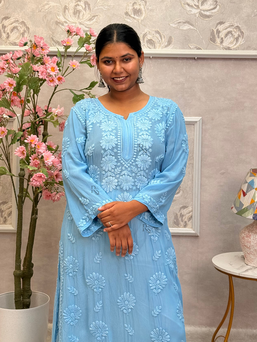 Thumbnail: Powder Blue Viscose 3D Chikankari Long Kurta
