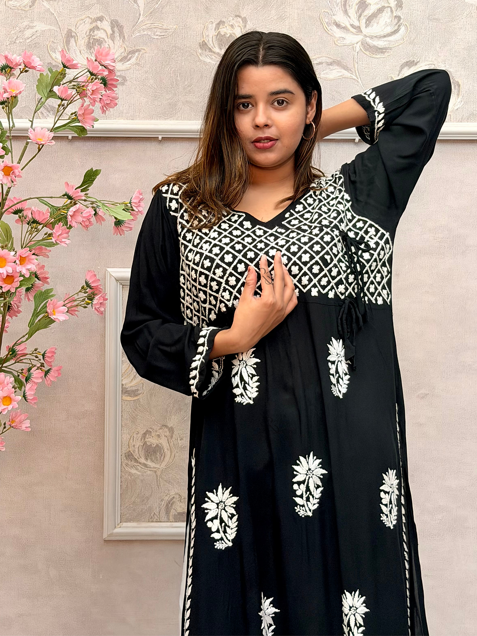 Thumbnail: Black Modal Hand Embroidered Chikankari Angrakha Style Long Kurta for Women