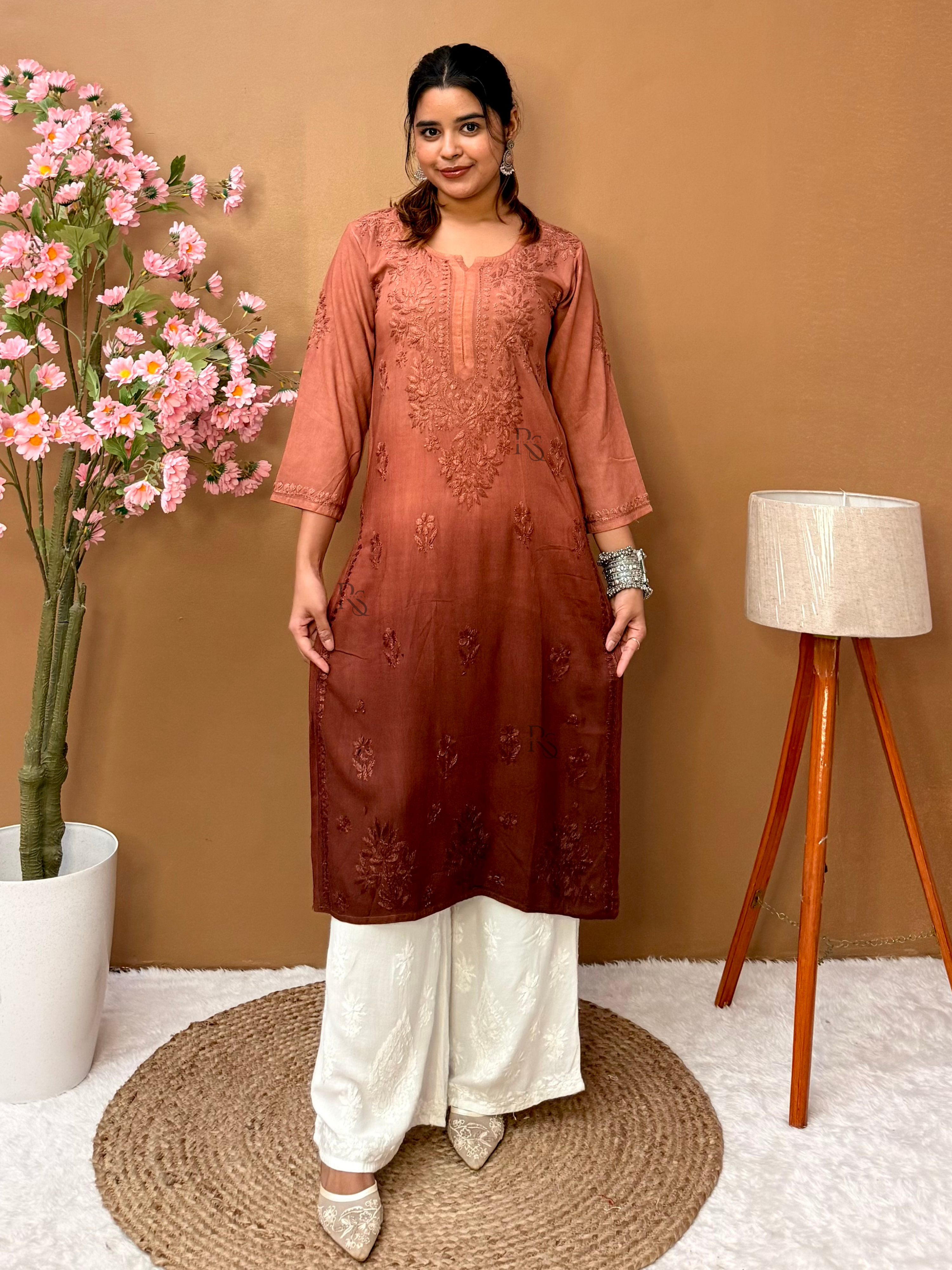 Brown Ombre Rayon Hand Embroidered Chikankari Long Kurta for Women