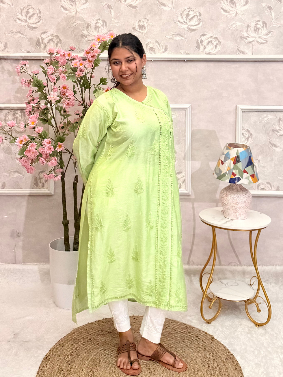 Thumbnail: Green Chikankari Hand Embroidered Chanderi Angrakha Style Long Kurta