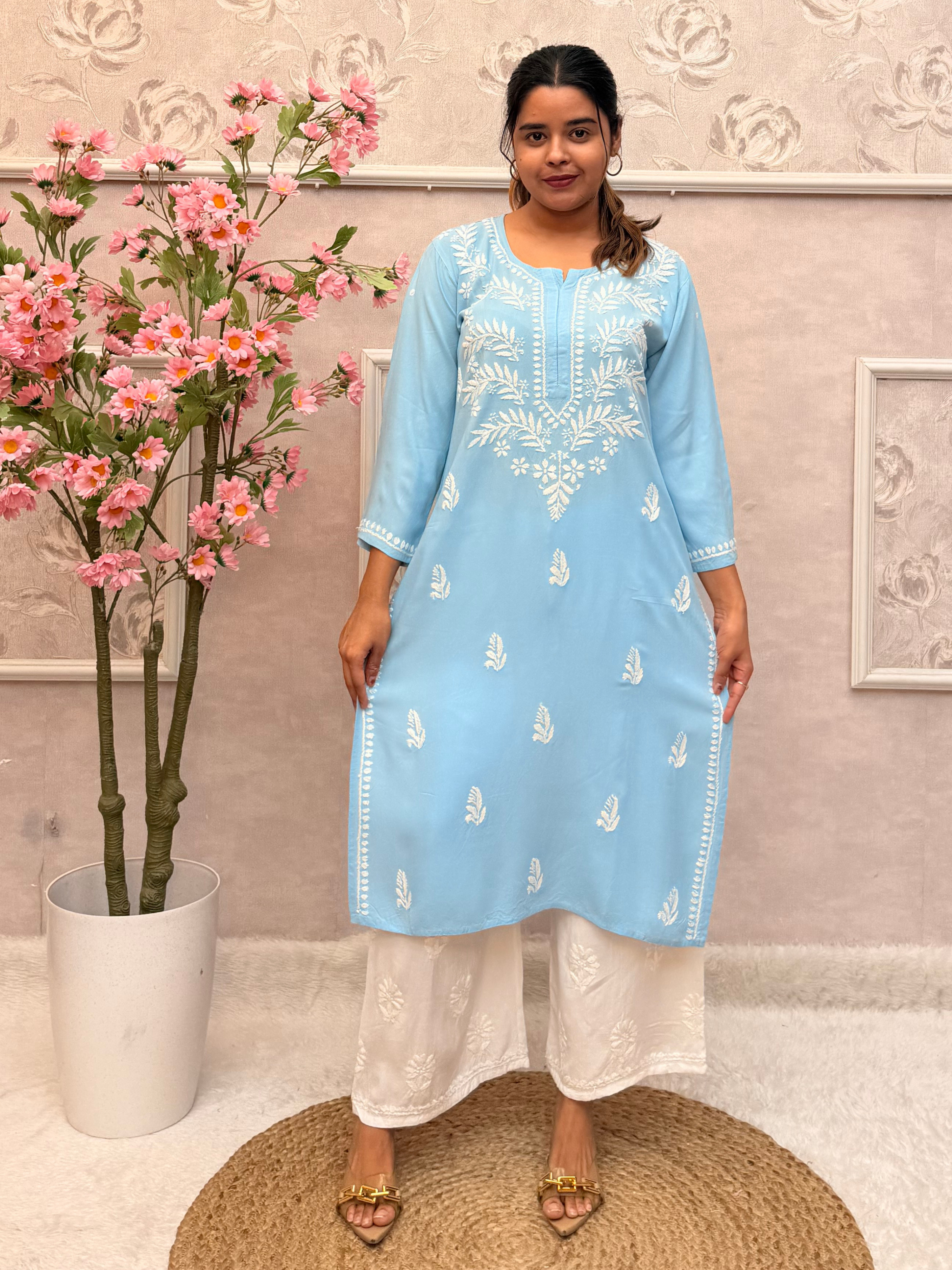 Powder Blue Rayon Hand Embroidered Chikankari Long Kurta for Women