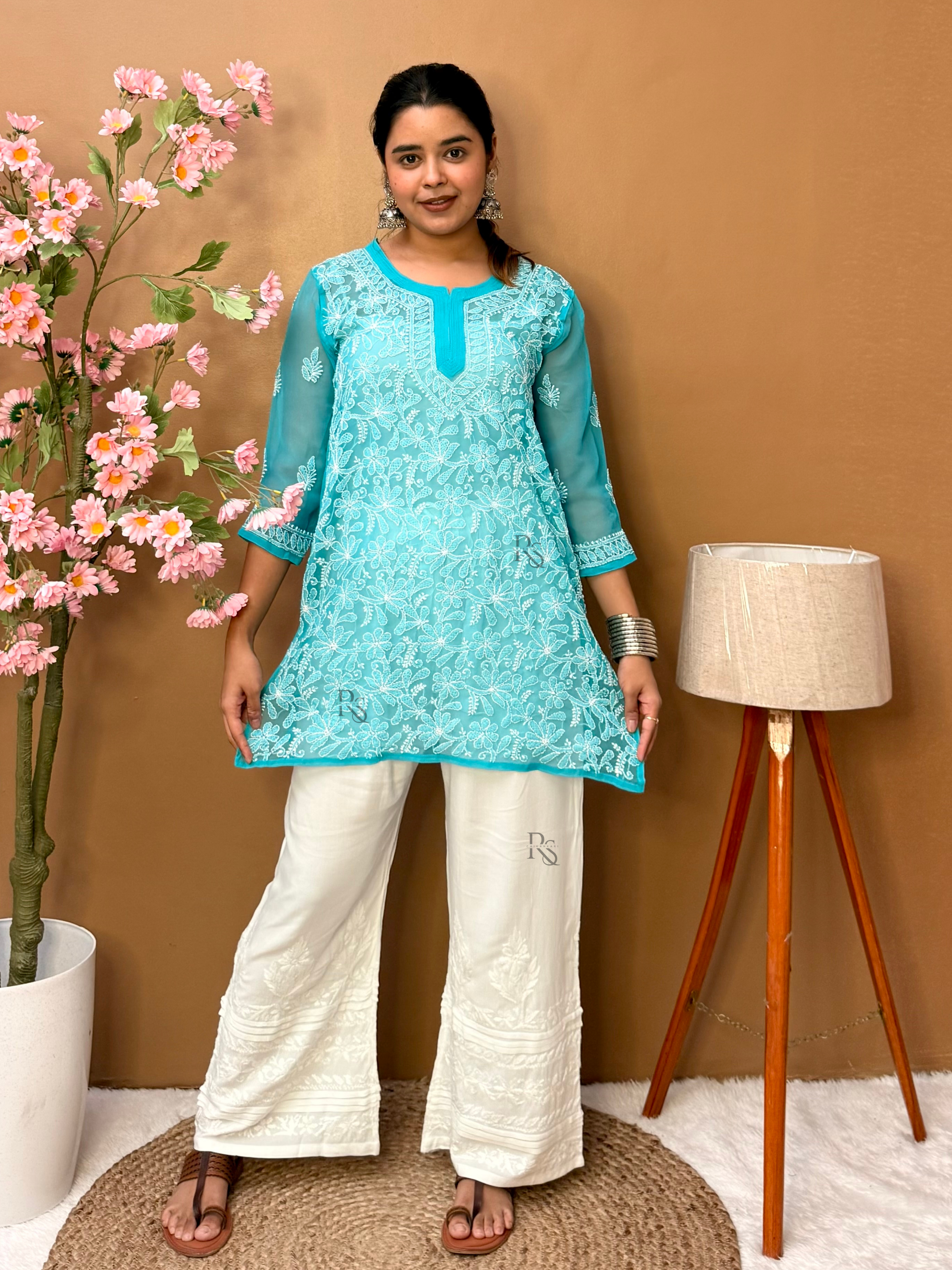 Blue White Thread Chikankari Georgette Short Kurta