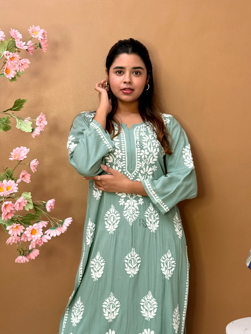 Thumbnail: Elegant Sage Green Chikankari Kurta Palazzo Set with White Hand Embroidery