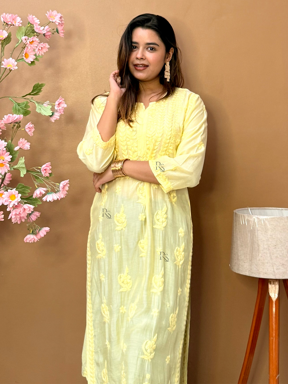 Thumbnail: Yellow Muslin Chikankari Long Kurta for Women