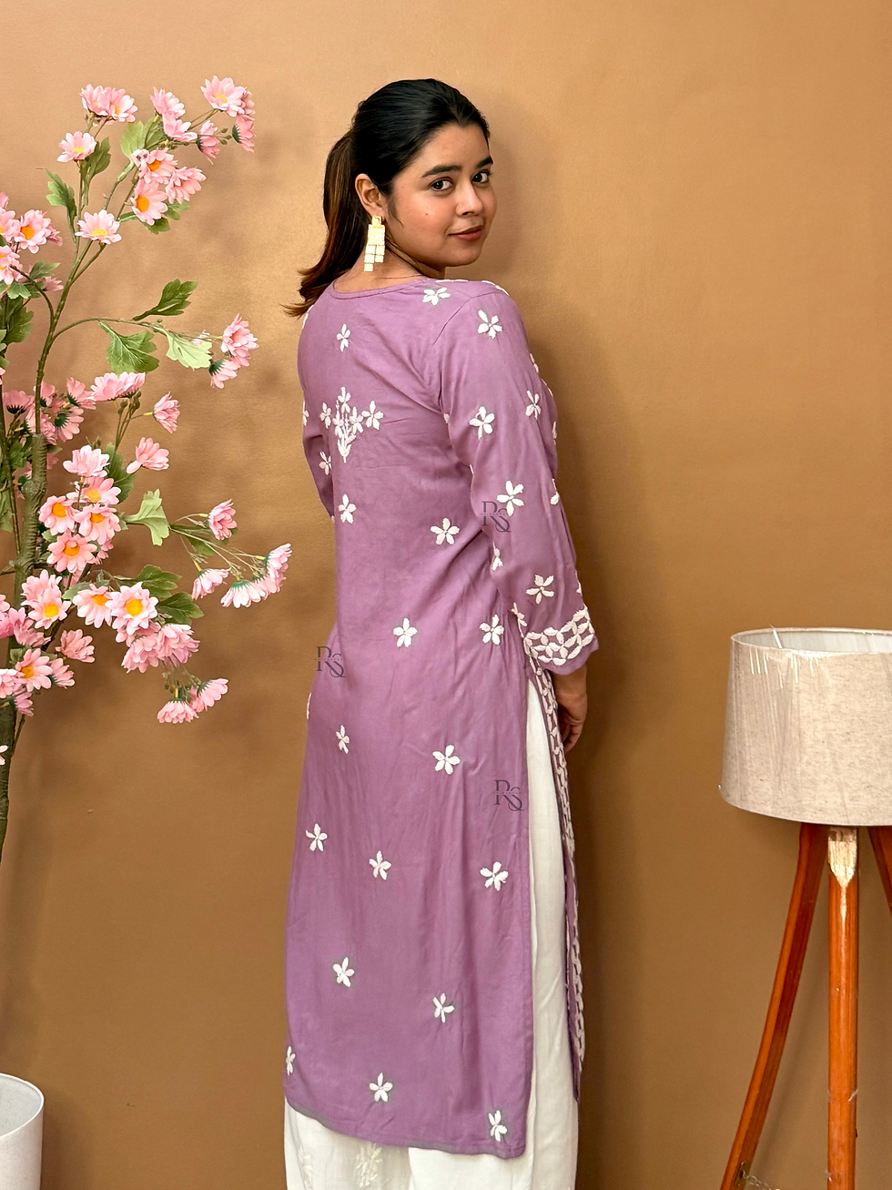 Thumbnail: Lilac Chikankari Rayon Long Kurta for Women | Hand Embroidered