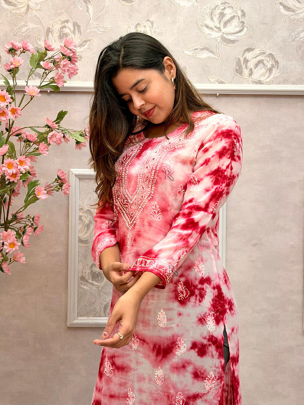 Thumbnail: Pink Tie-Dye Viscose Mukaish Chikankari Long Kurta