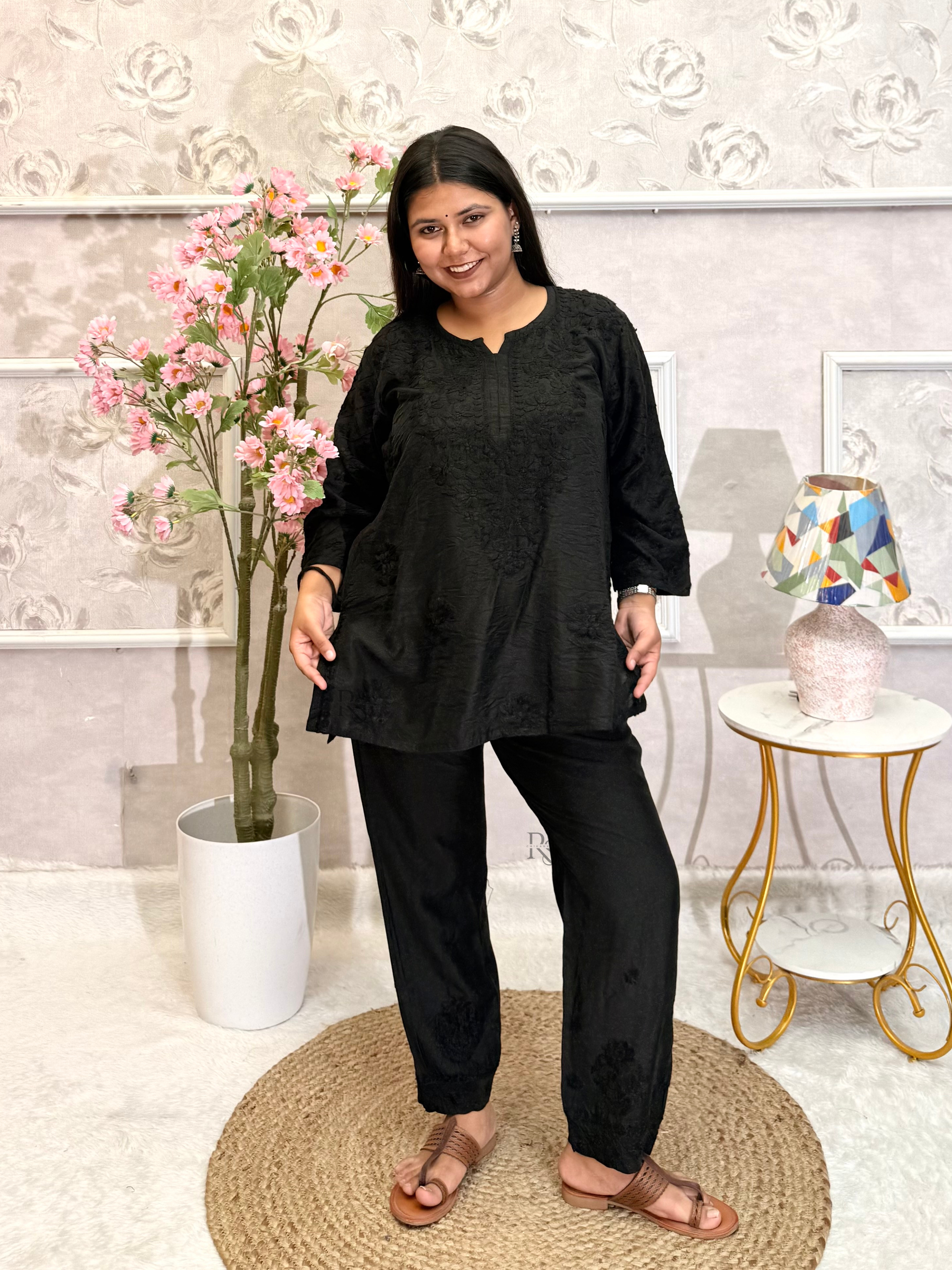 Black Chikankari Hand Embroidered Chanderi Short Kurta Pant Set