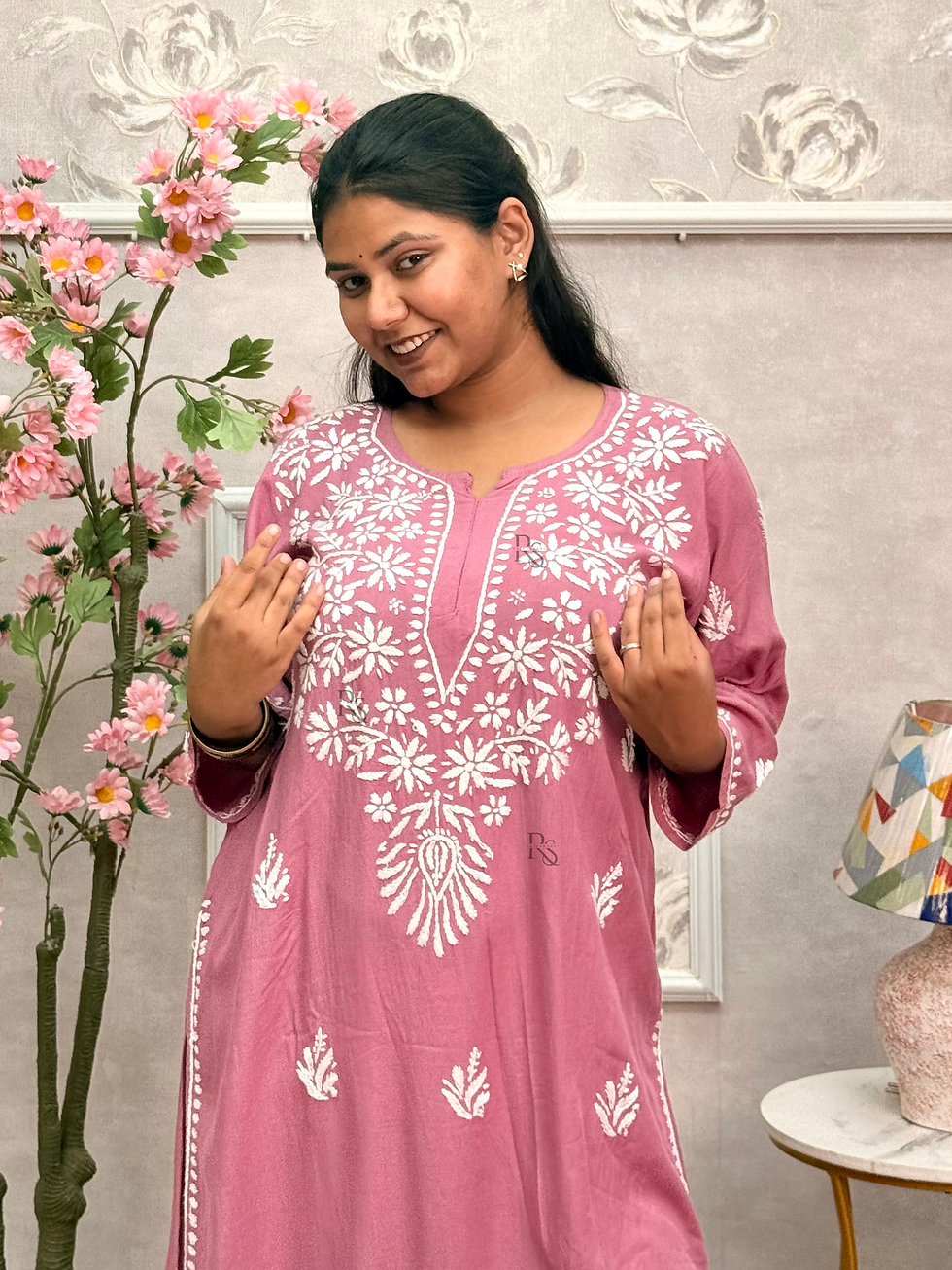 Thumbnail: Dusty Mauve Rayon Chikankari Hand Embroidered Long Kurta