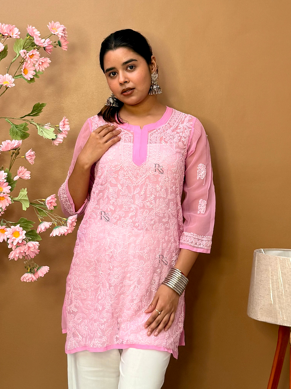 Thumbnail: Baby Pink Georgette Chikankari Short Kurta for Women – Hand Embroidered