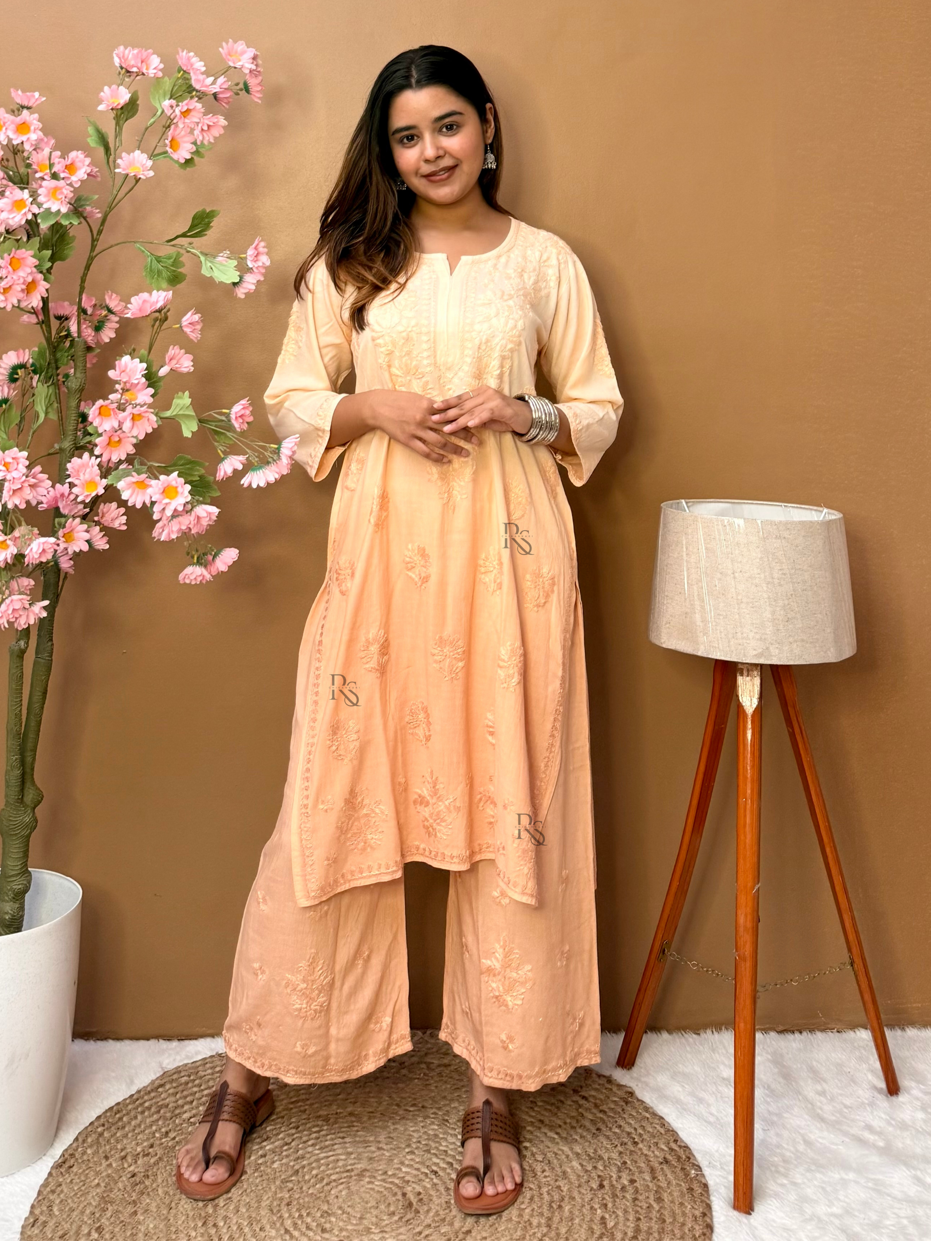 Beige Ombre Rayon Hand Embroidered Chikankari Kurta Palazzo Set for Women
