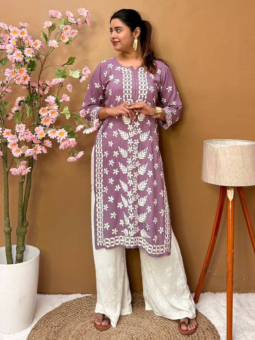 Thumbnail: Lilac Chikankari Rayon Long Kurta for Women | Hand Embroidered