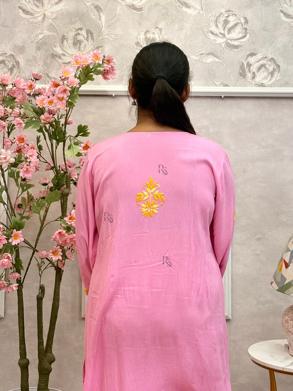 Thumbnail: Pink Dual-Thread Chikankari Hand Embroidered Rayon Kurta Palazzo Set