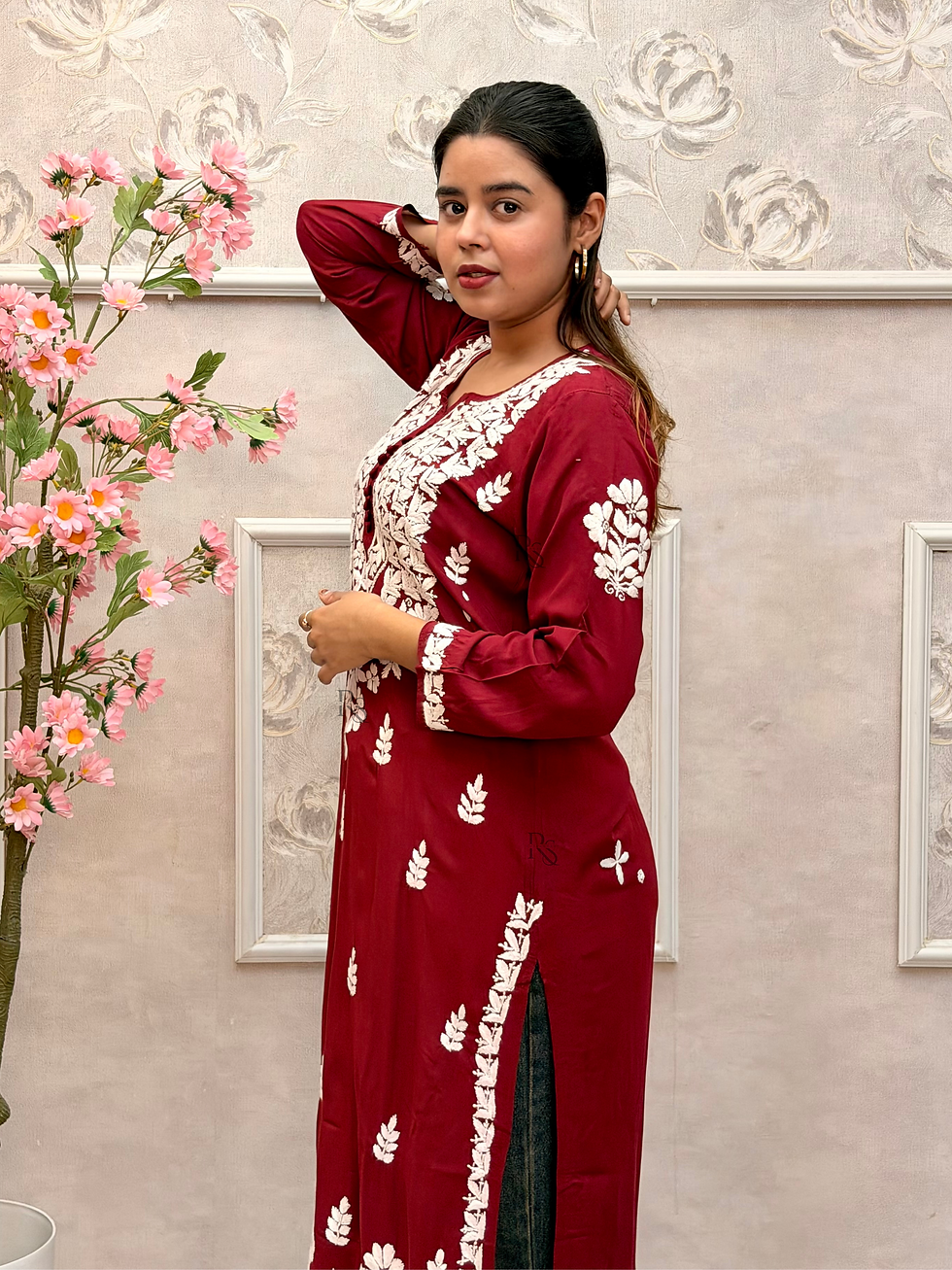 Thumbnail: Maroon Modal Hand Embroidered Chikankari Long Kurta for Women