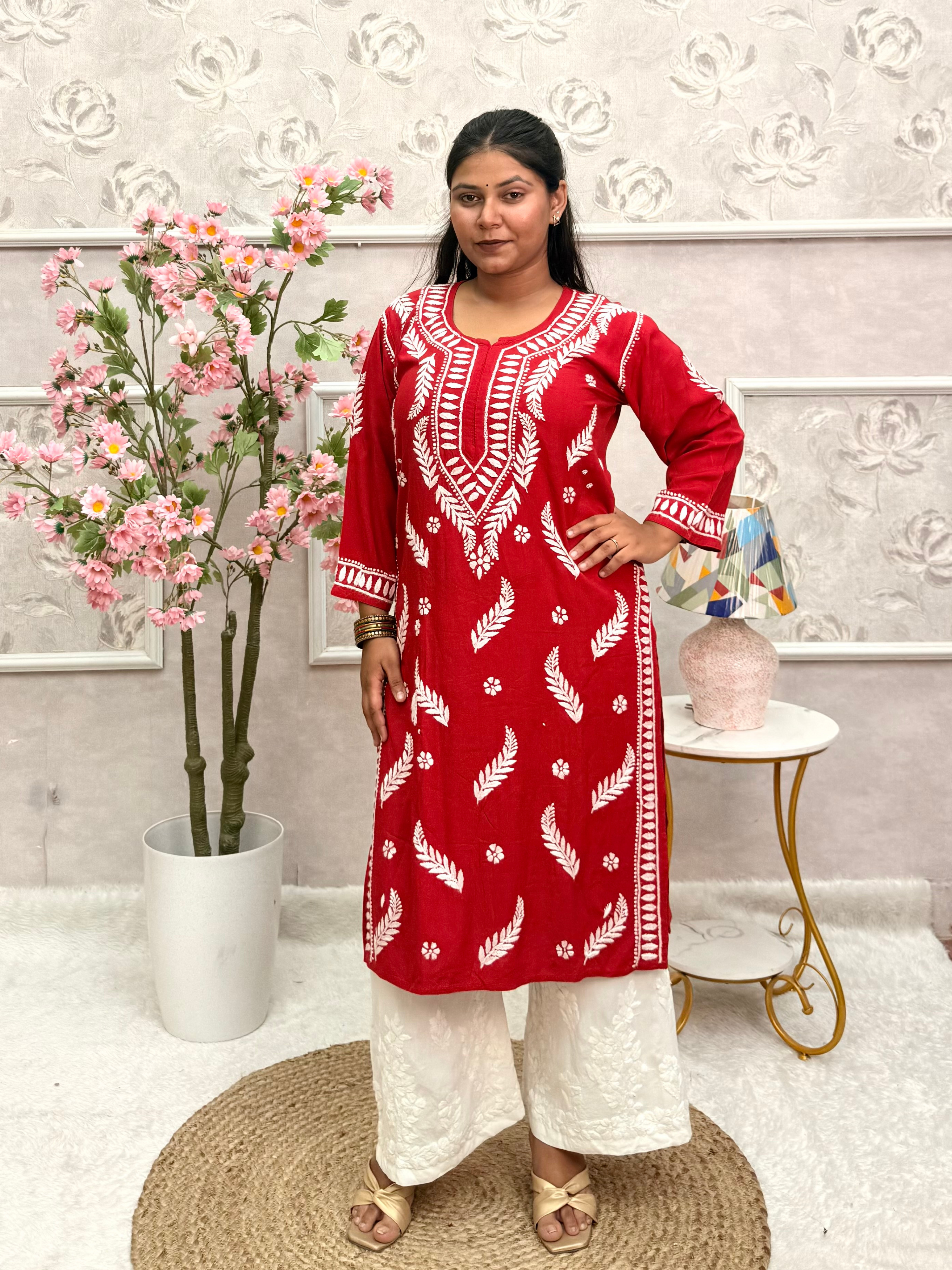 Classic Red Rayon Chikankari Hand Embroidered Long Kurta