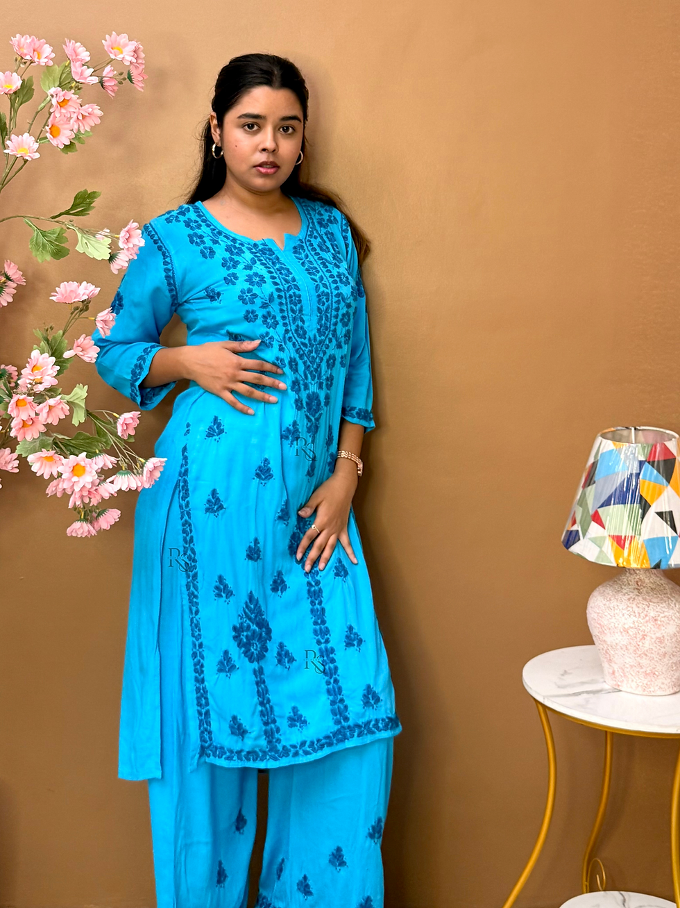 Thumbnail: Blue Dual Thread Hand Embroidered Chikankari Kurta & Palazzo Set