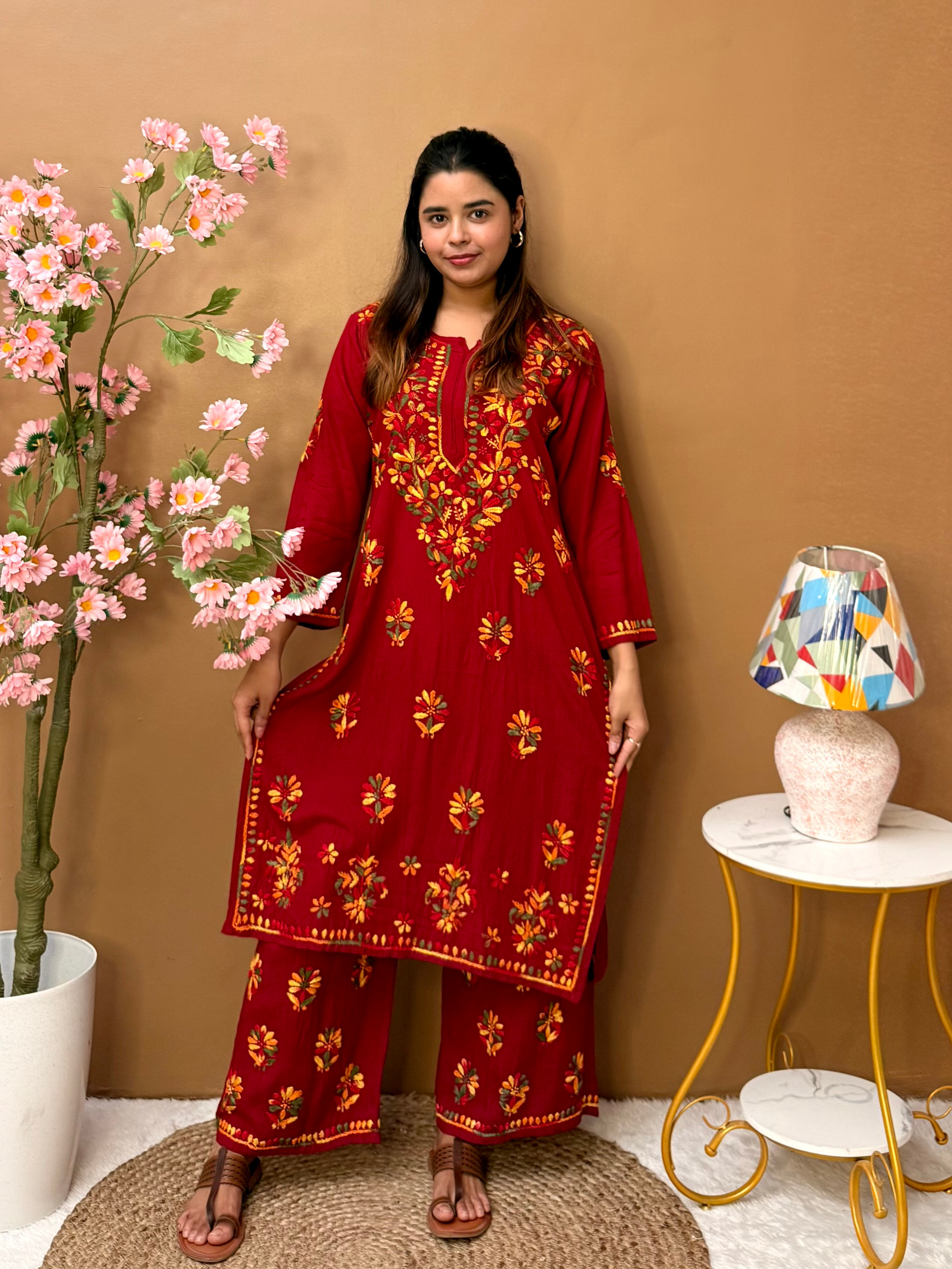 Royal Red Chikankari Kurta Palazzo Set with Multicolor Hand Embroidery