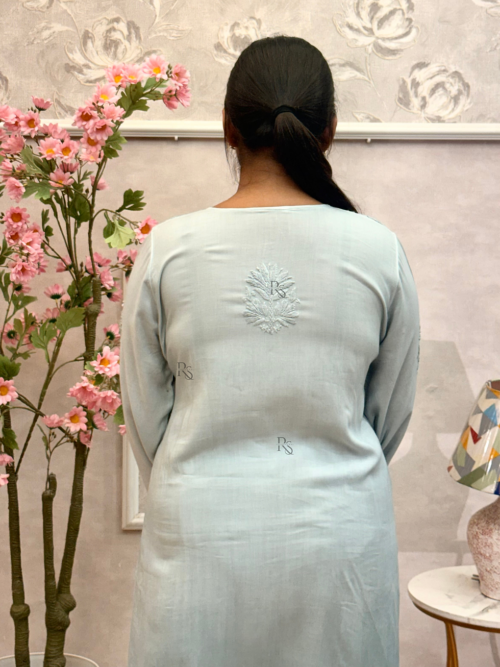 Thumbnail: Pastel Grey Chikankari Hand Embroidered Modal Kurta with Palazzo Set
