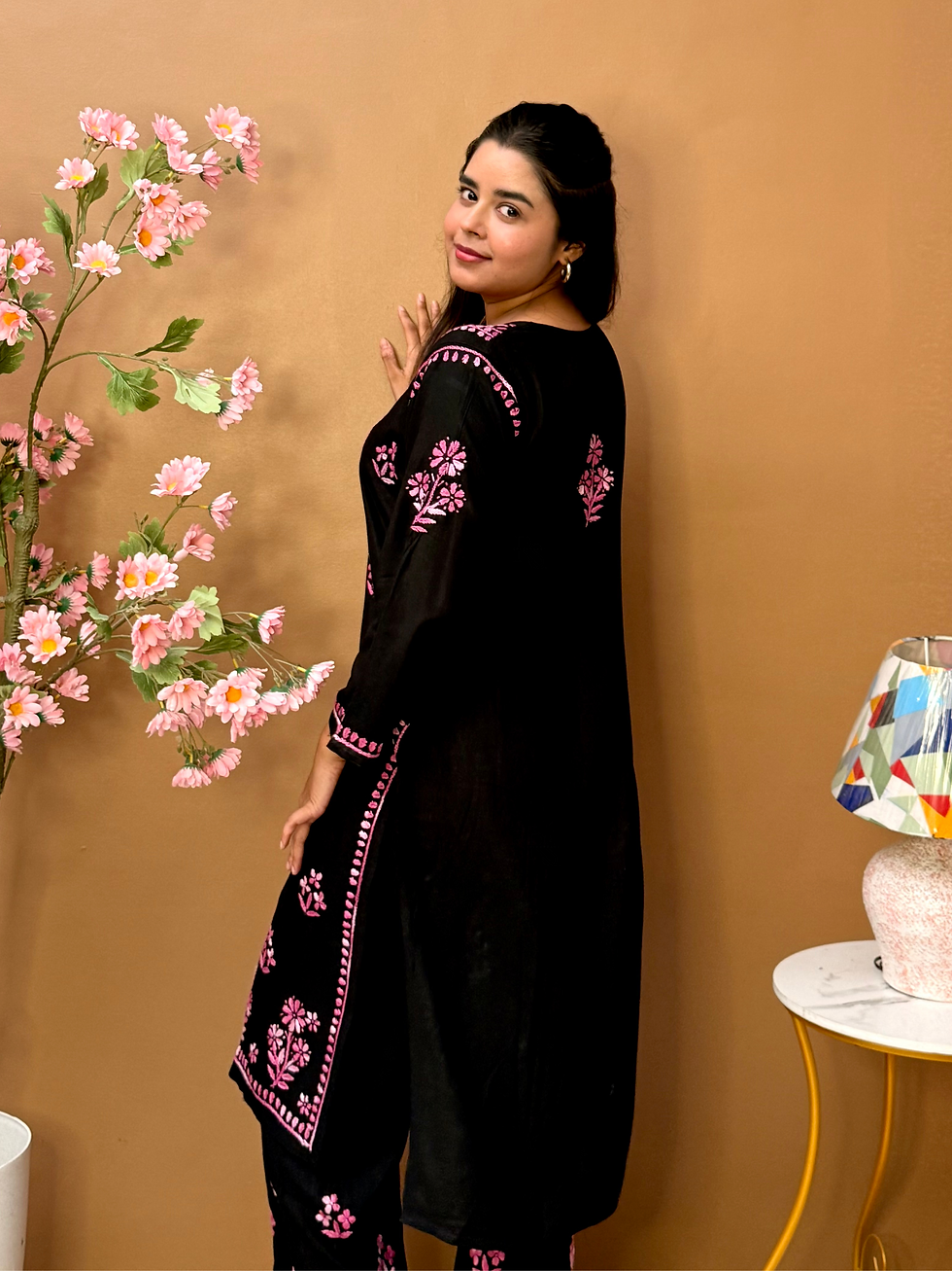 Thumbnail: Black & Pink Dual Thread Hand Embroidered Chikankari Kurta Palazzo Set
