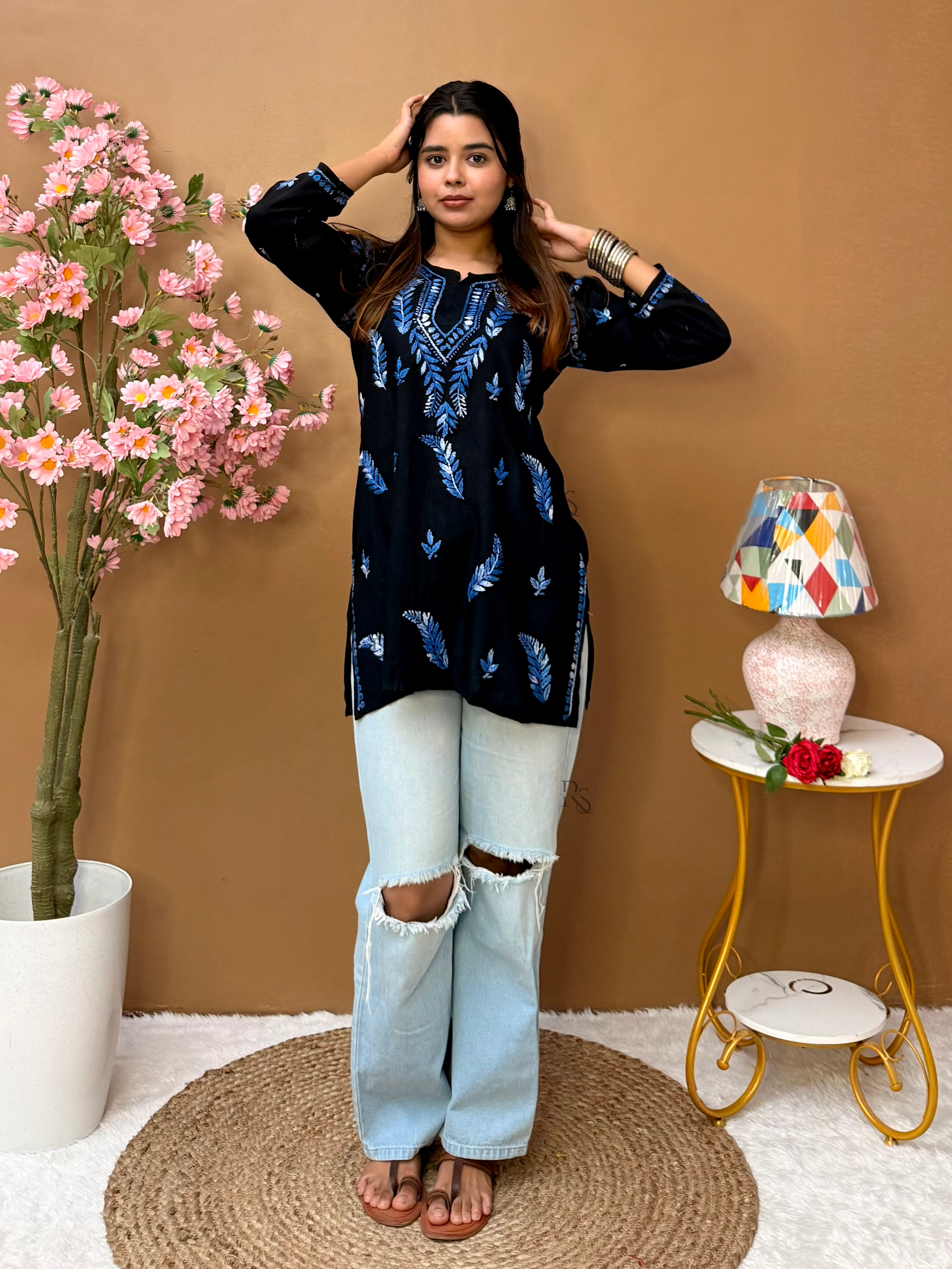 Black Rayon Lucknow Chikankari Hand Embroidered Short Kurta for Women