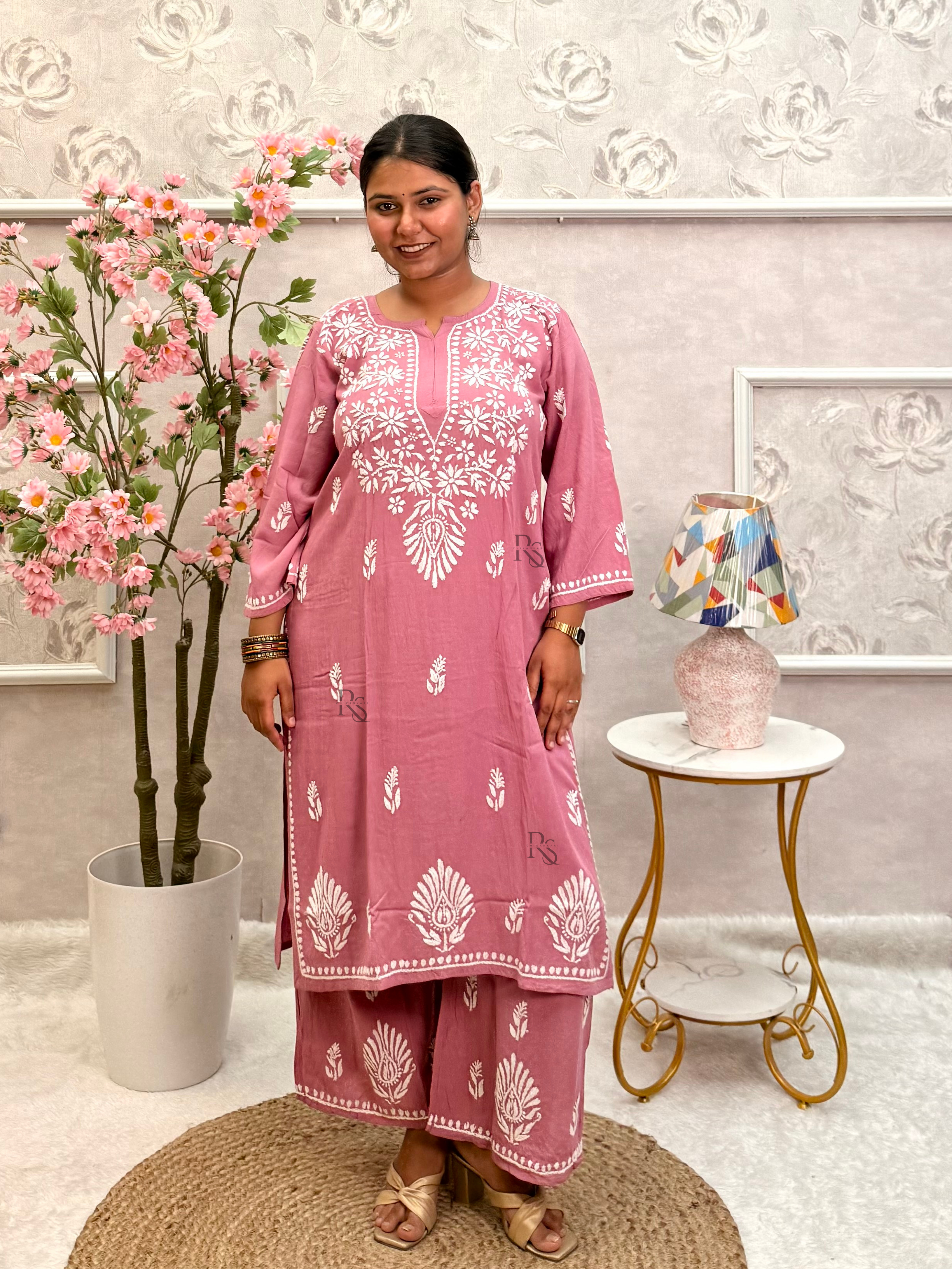 Dusty Rose Chikankari Kurta & Palazzo Set