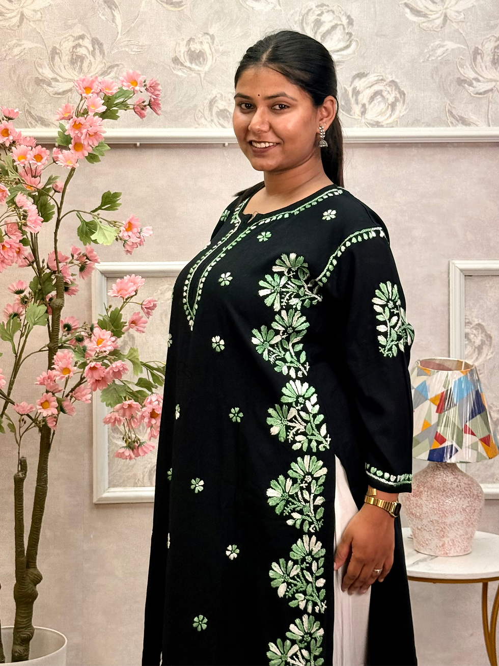 Thumbnail: Black Chikankari Long Kurta with Green Dual Thread Embroidery