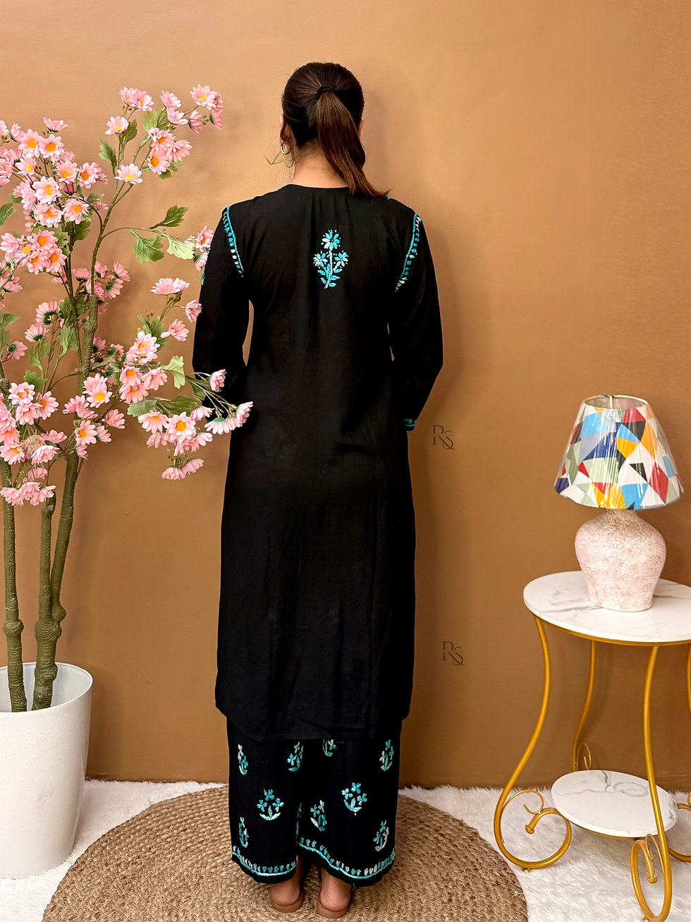 Thumbnail: Black Rayon Hand Embroidered Chikankari Kurta Palazzo Set with Sea Blue Dual