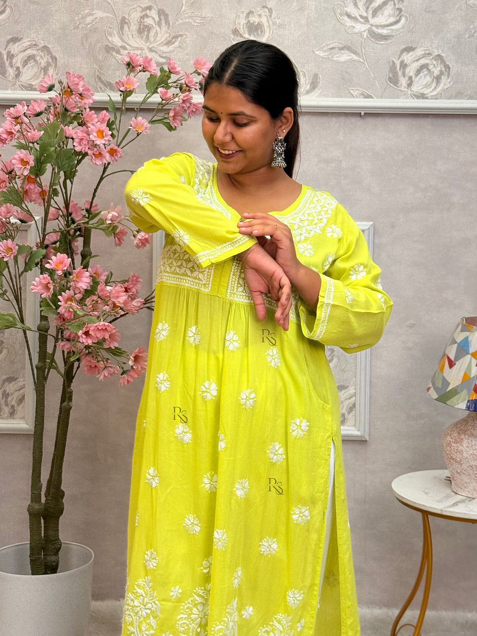 Thumbnail: Lime Green Modal Chikankari Pocket Style Long Kurta with White Hand Embroidery