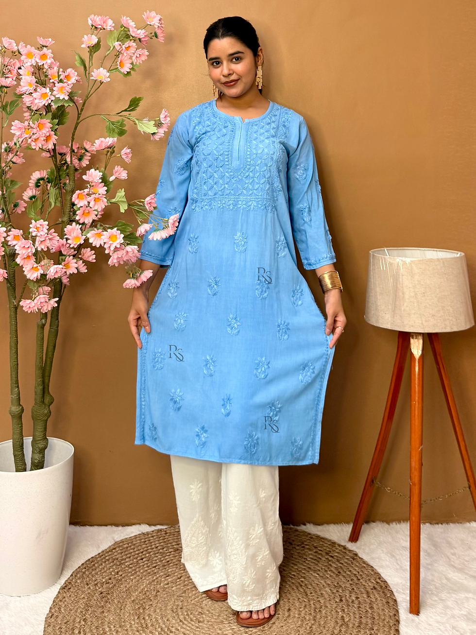 Thumbnail: Sky Blue Rayon Chikankari Long Kurta for Women – Hand Embroidered