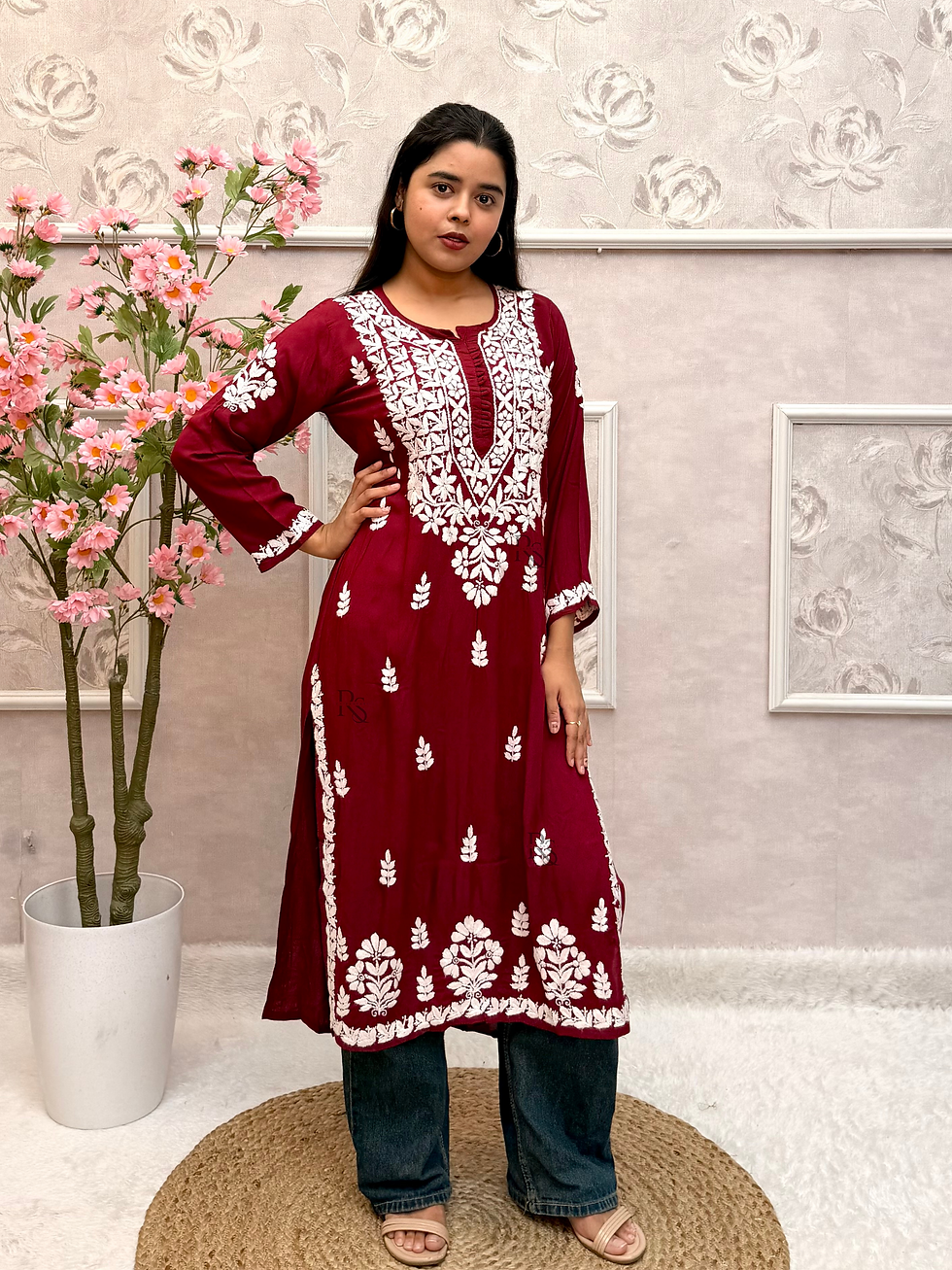 Thumbnail: Maroon Modal Hand Embroidered Chikankari Long Kurta for Women