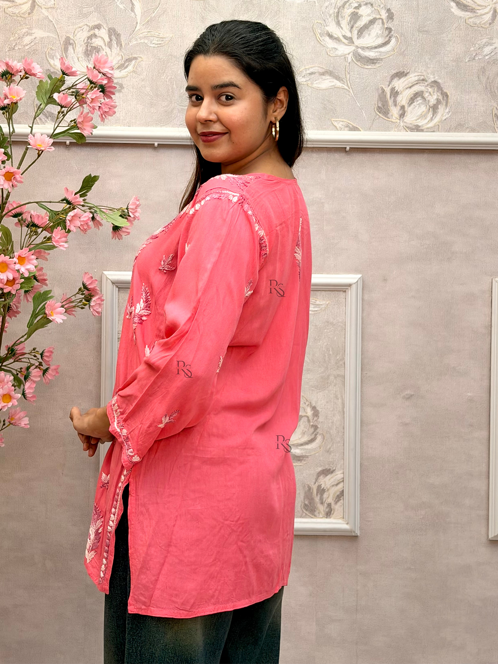 Thumbnail: Pink Rayon Chikankari Short Kurta