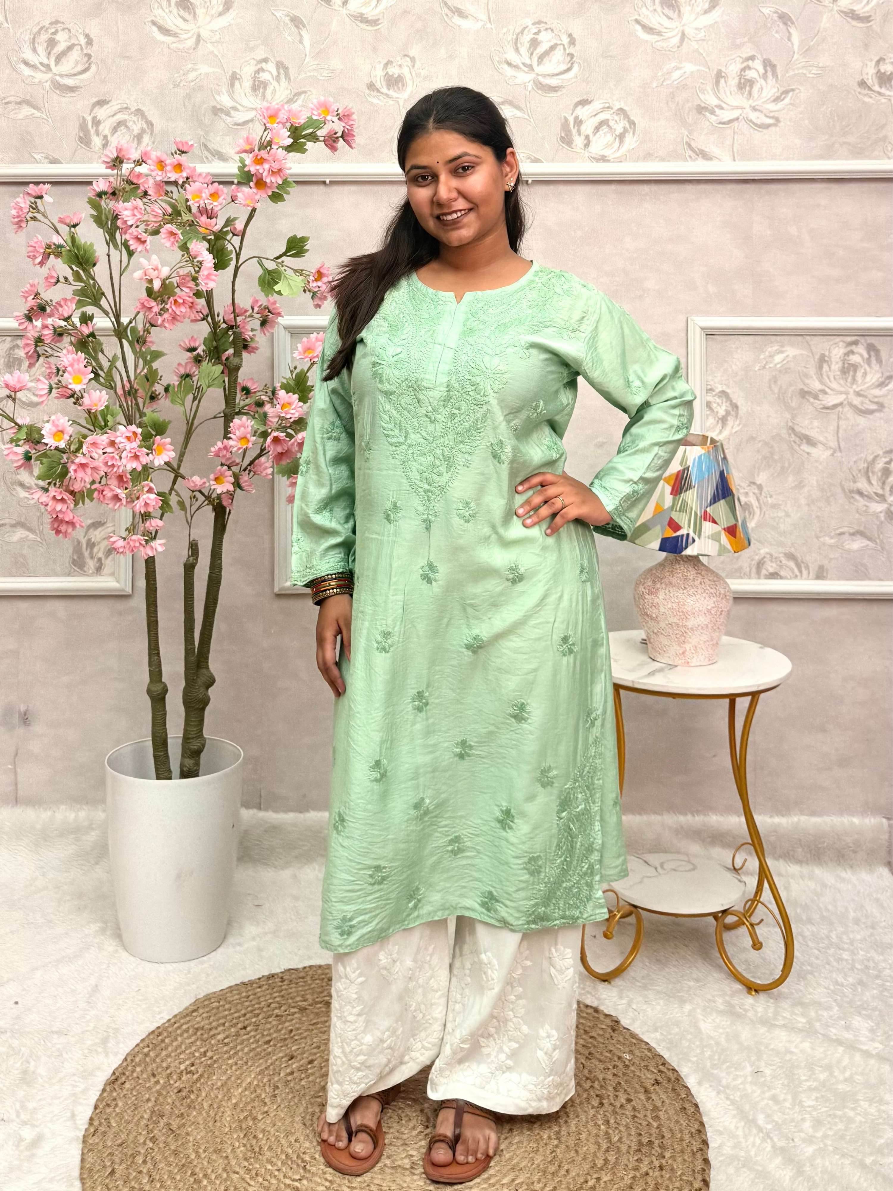 Mint Green Chanderi Chikankari Hand Embroidered Long Kurta