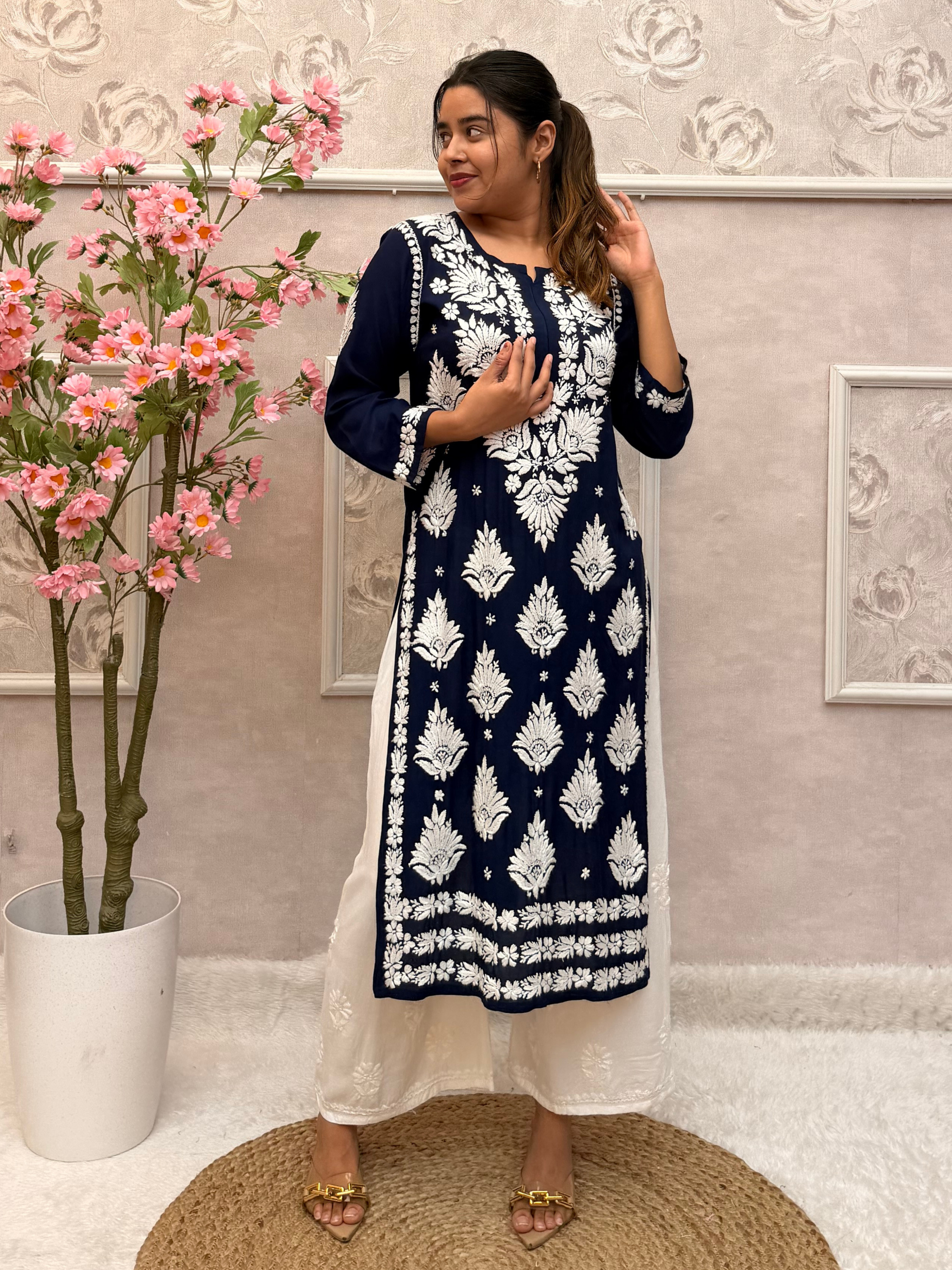Navy Blue Modal Hand Embroidered Chikankari Long Kurta for Women
