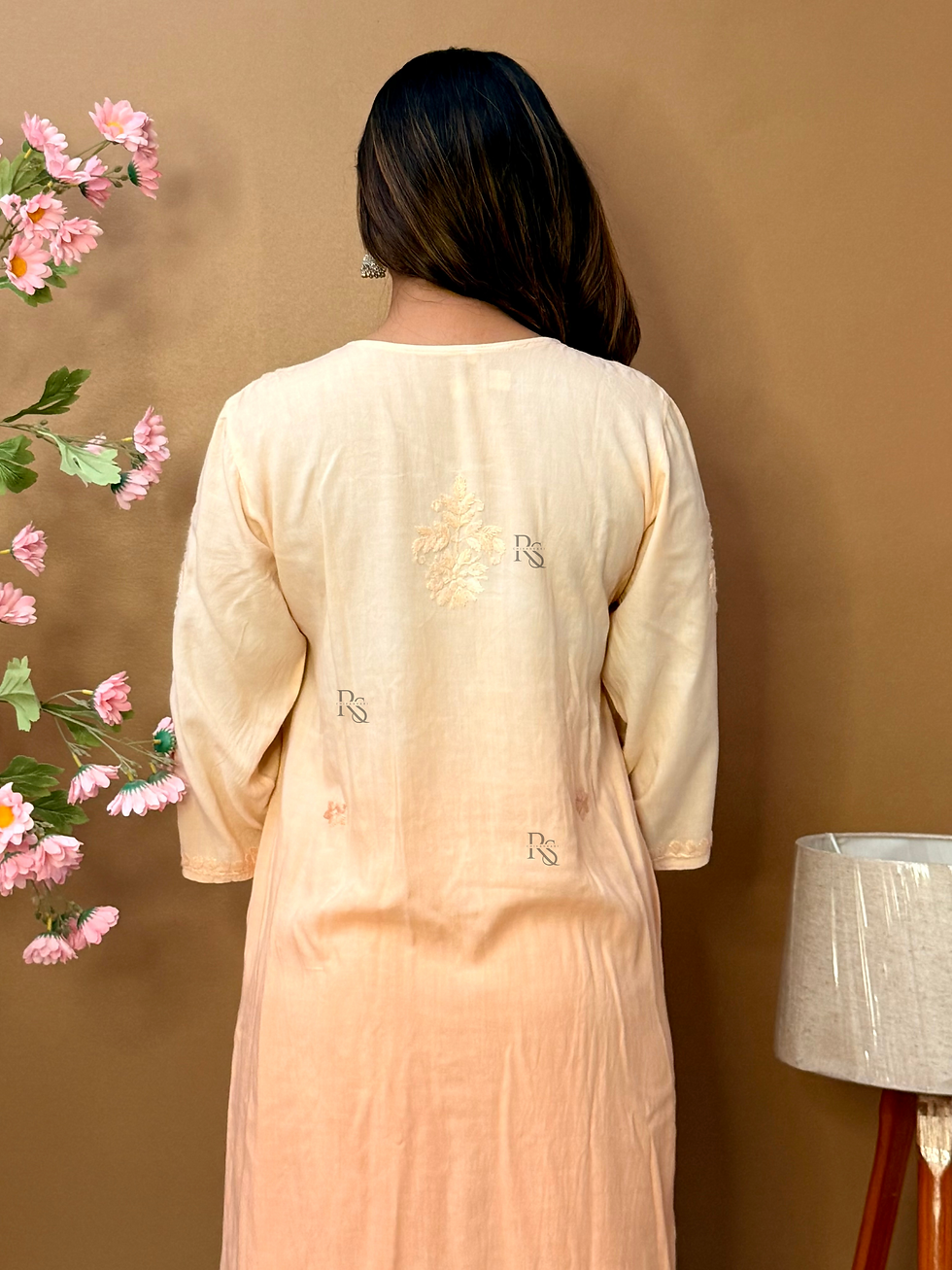 Thumbnail: Beige Ombre Rayon Hand Embroidered Chikankari Kurta Palazzo Set for Women
