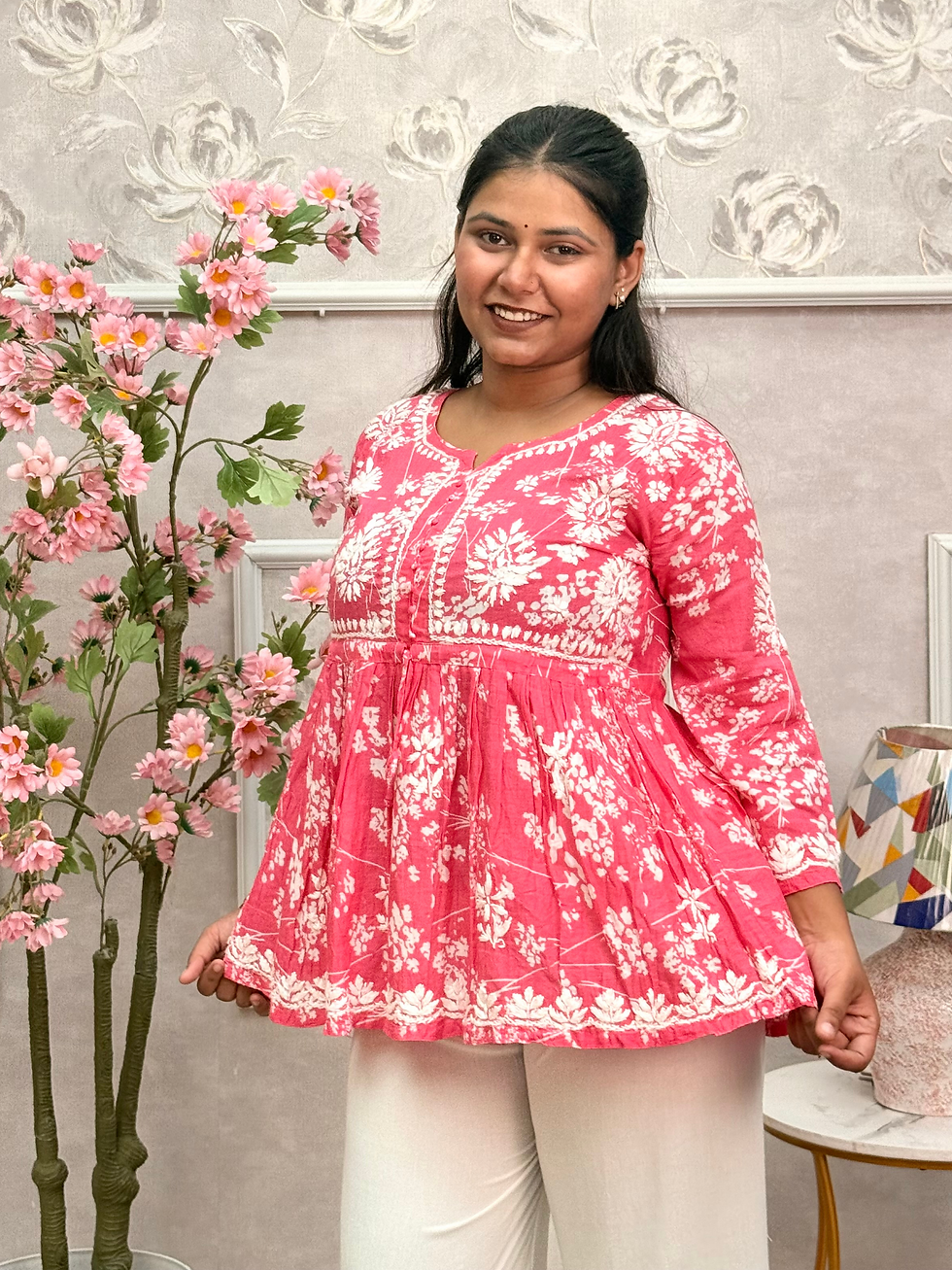 Thumbnail: Pink Printed Mulmul Chikankari Flair Short Kurta