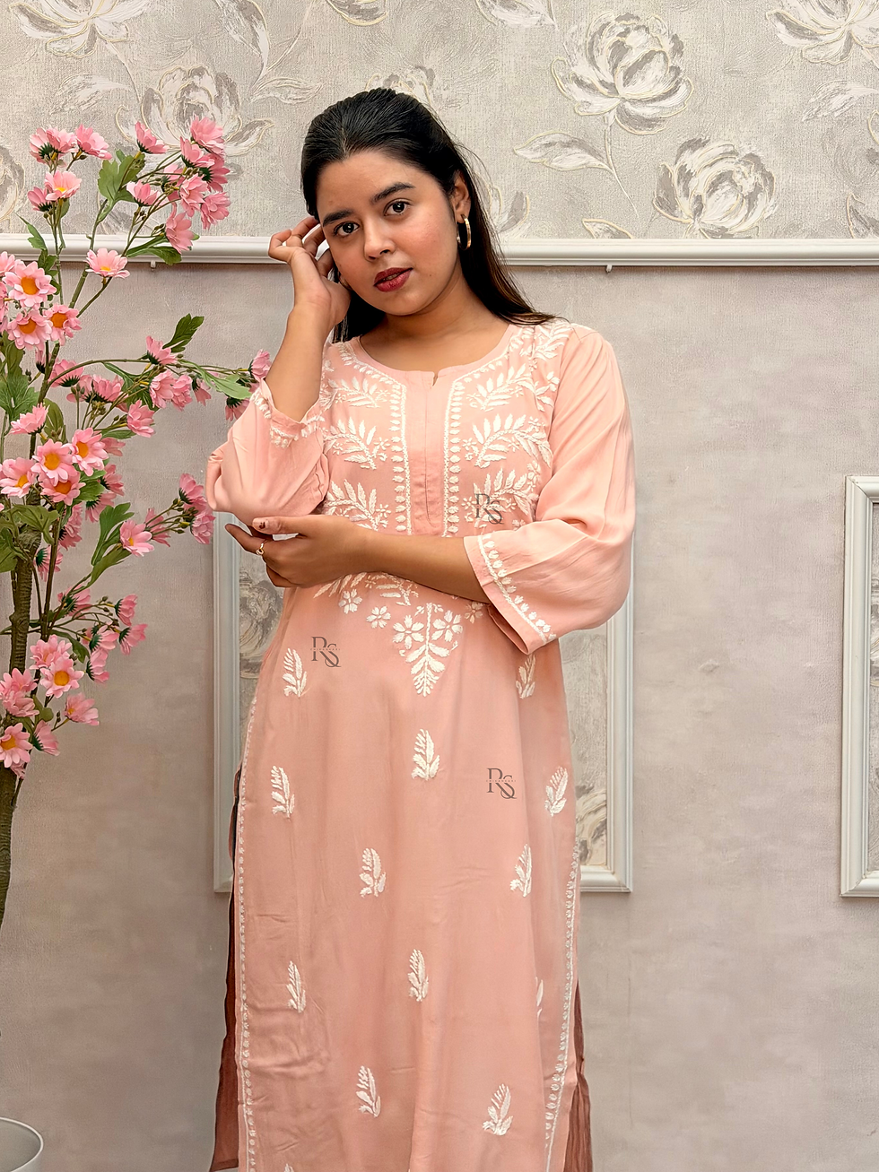 Thumbnail: Peach Rayon Hand Embroidered Chikankari Long Kurta for Women