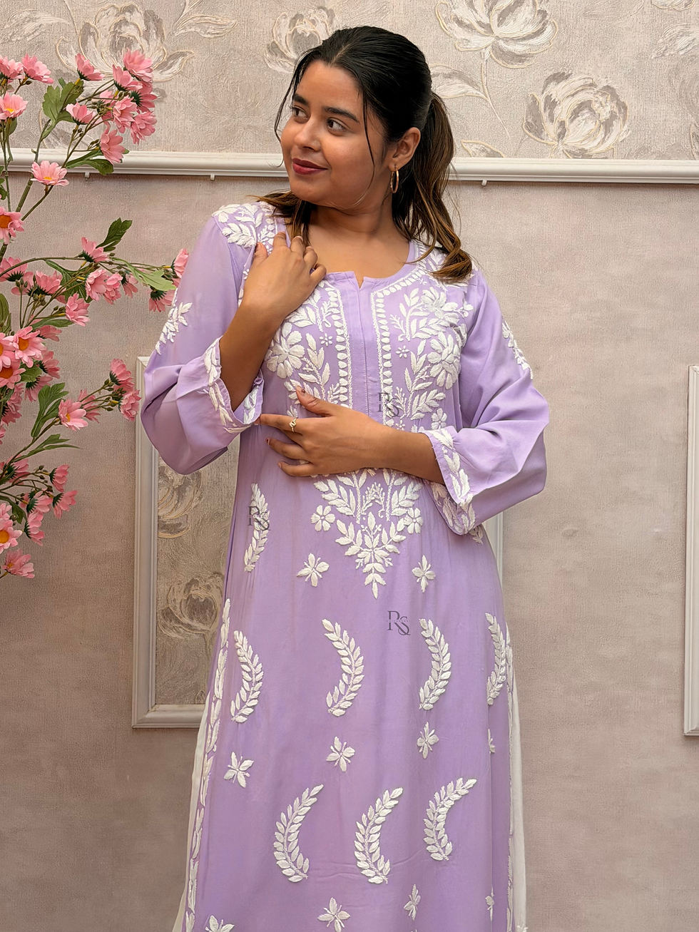 Thumbnail: Lavender Rayon Hand Embroidered Chikankari Long Kurta for Women