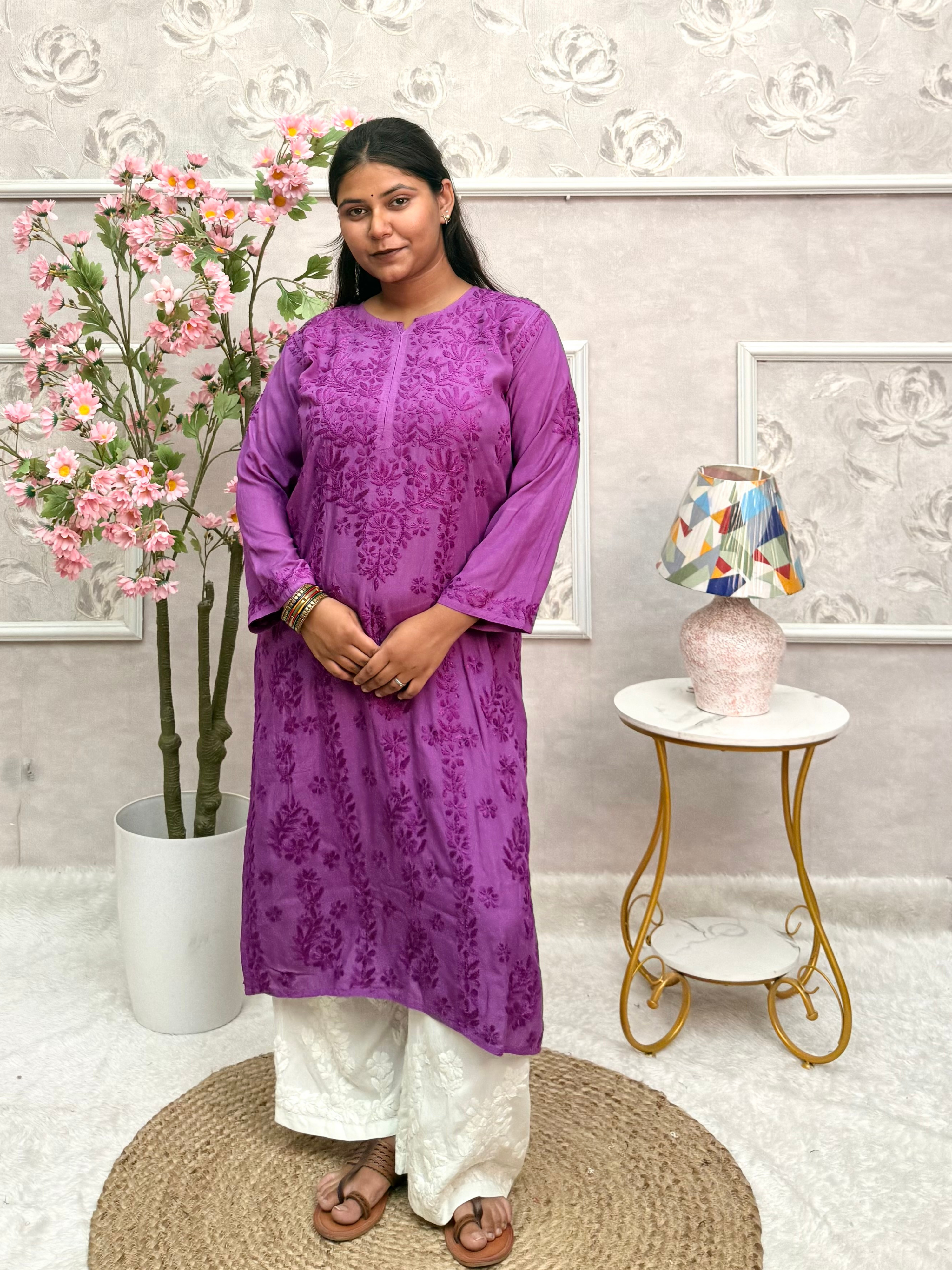 Royal Purple Modal Chikankari Hand Embroidered Long Kurta