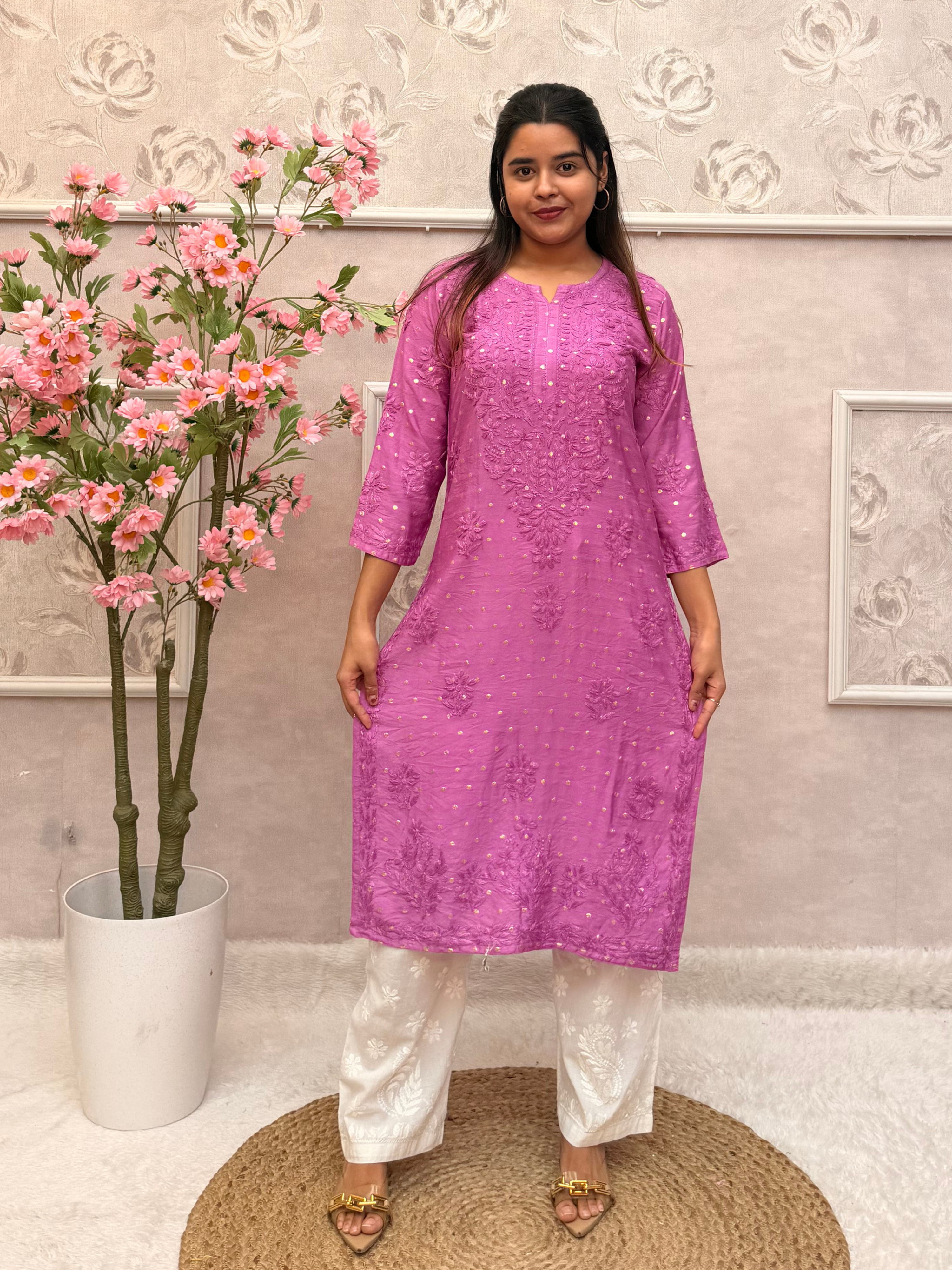 Purple Chanderi Chikankari Long Kurta for Women | Hand Embroidered