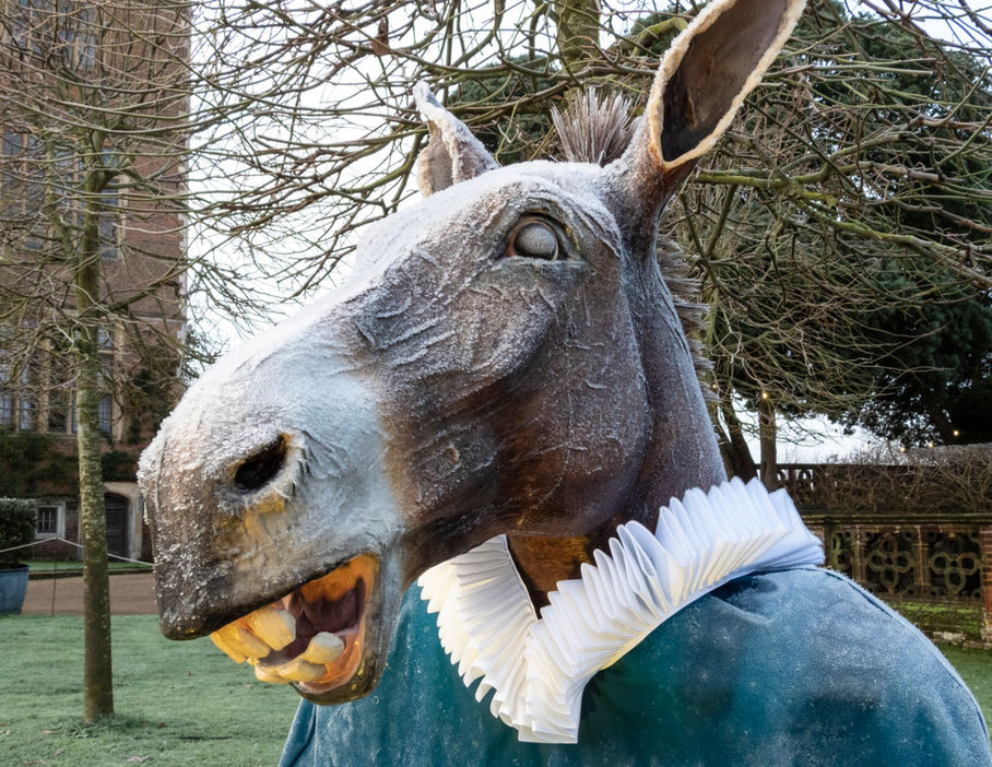 Faux Taxidermy animal head, mummers, prop maker, mule sculpture, Hatfield House events, Hatfield Park, Charlotte Lloyd Webber, Shakespearean costume, medieval costume